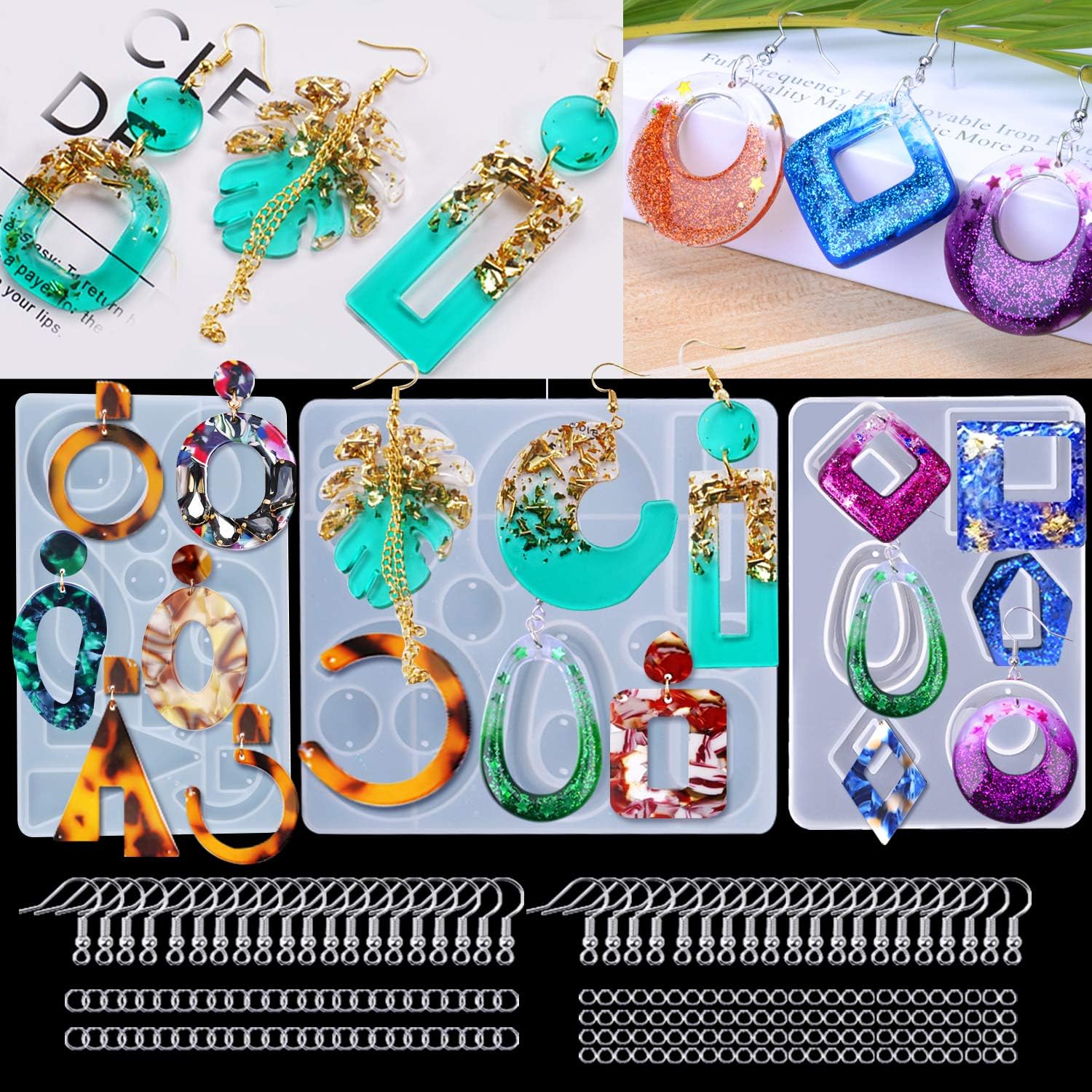 Earring Resin Molds, Silicone Casting Earring Molds Epoxy Resin Jewellery Making Molds Kit Bohemian Drop Dangle Earring Resin Casting Pendant Molds for DIY Resin Crafts with Earring Hooks Jump Rings