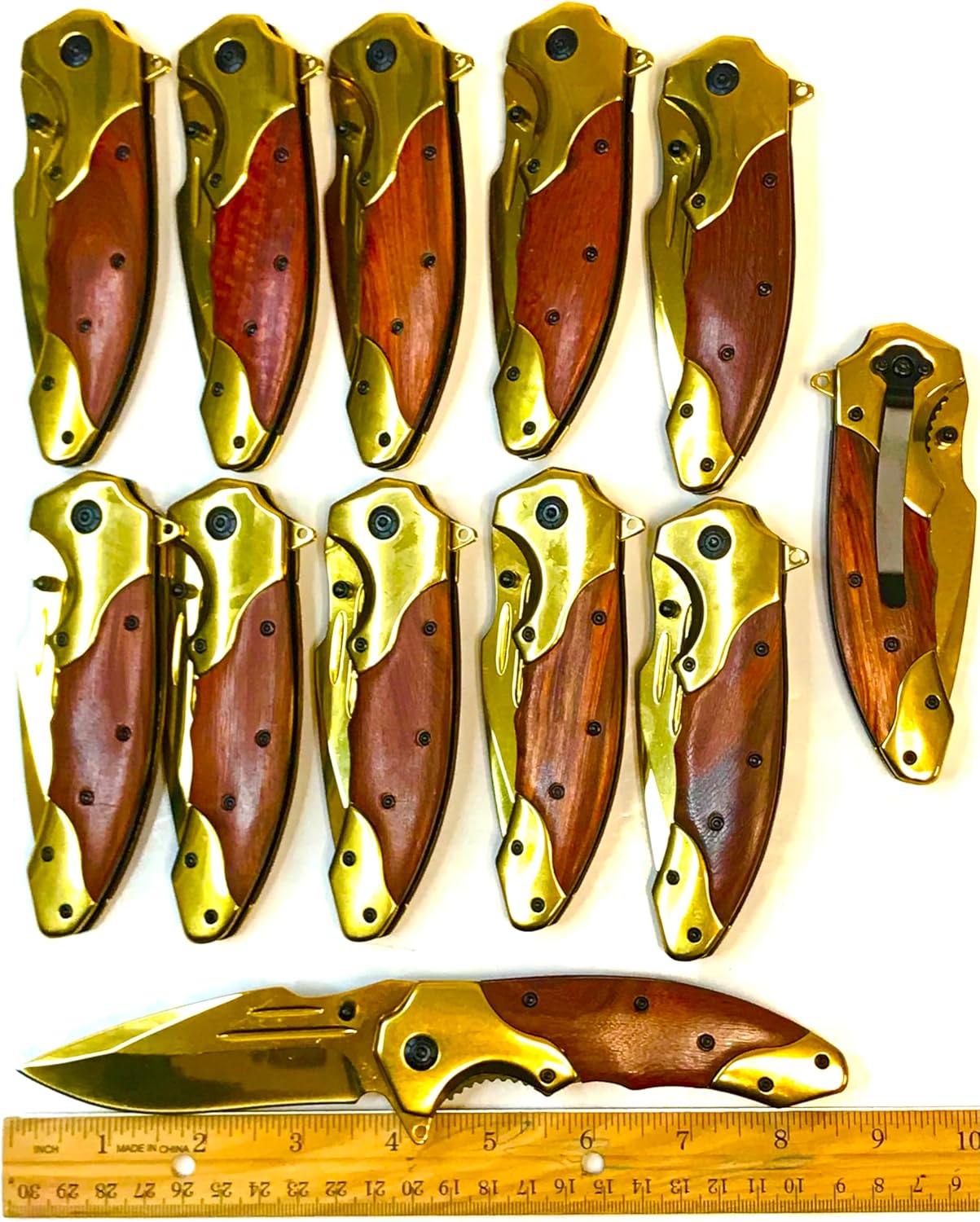 WHOLESALE 12 PCS 8" GOLD COLOR FOLDING POCKET KNIFE WITH WOOD INLAY ON HANDLE