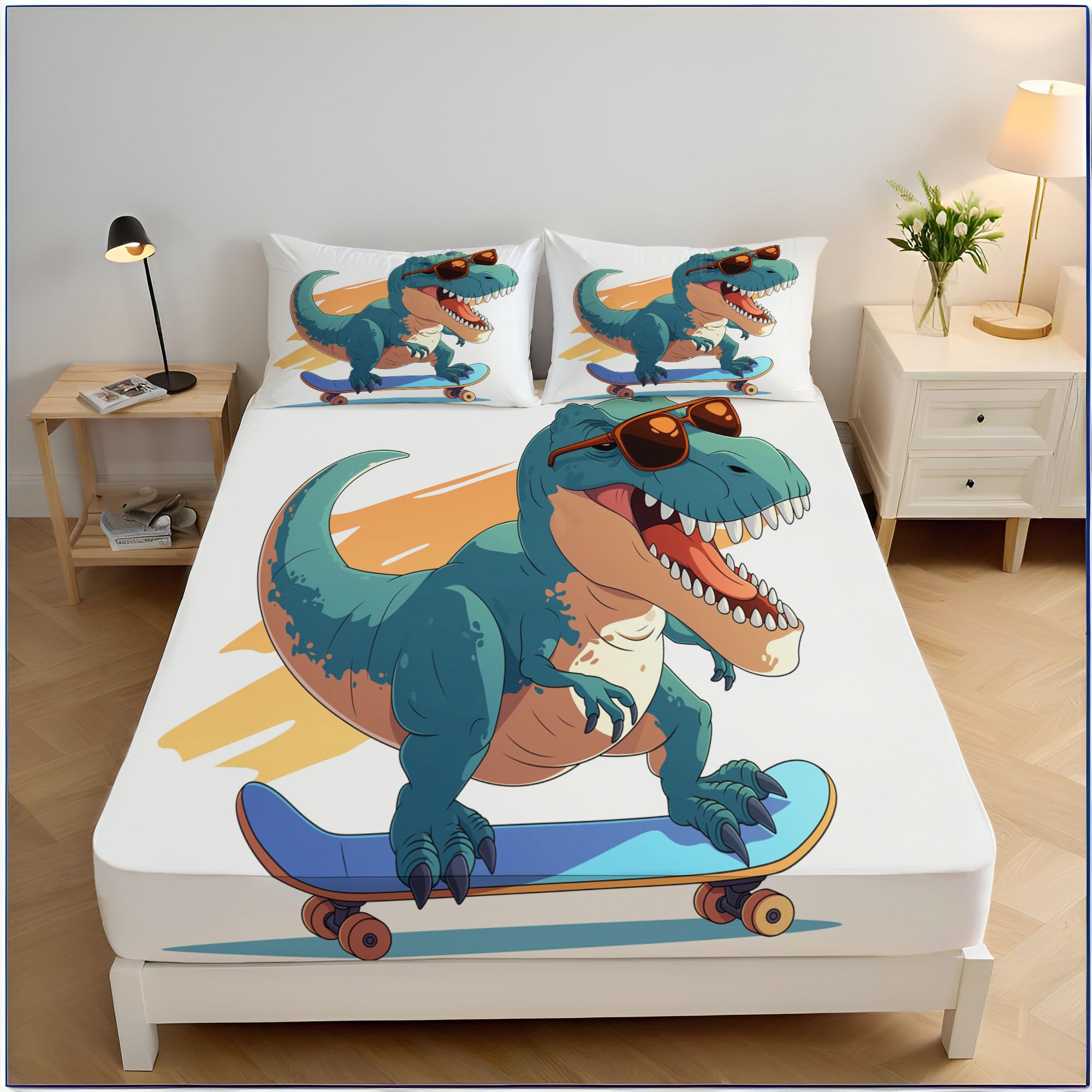 Lenzuola Letto Matrimoniale 140X200Cm Poster Di Dinosauri Lenzuolo Con Angoli In Microfibra - Profondità 30 Cm, 3D Stampa Animali Dei Cartoni Animati Coprimaterasso Traspirante E Lavabile Federe