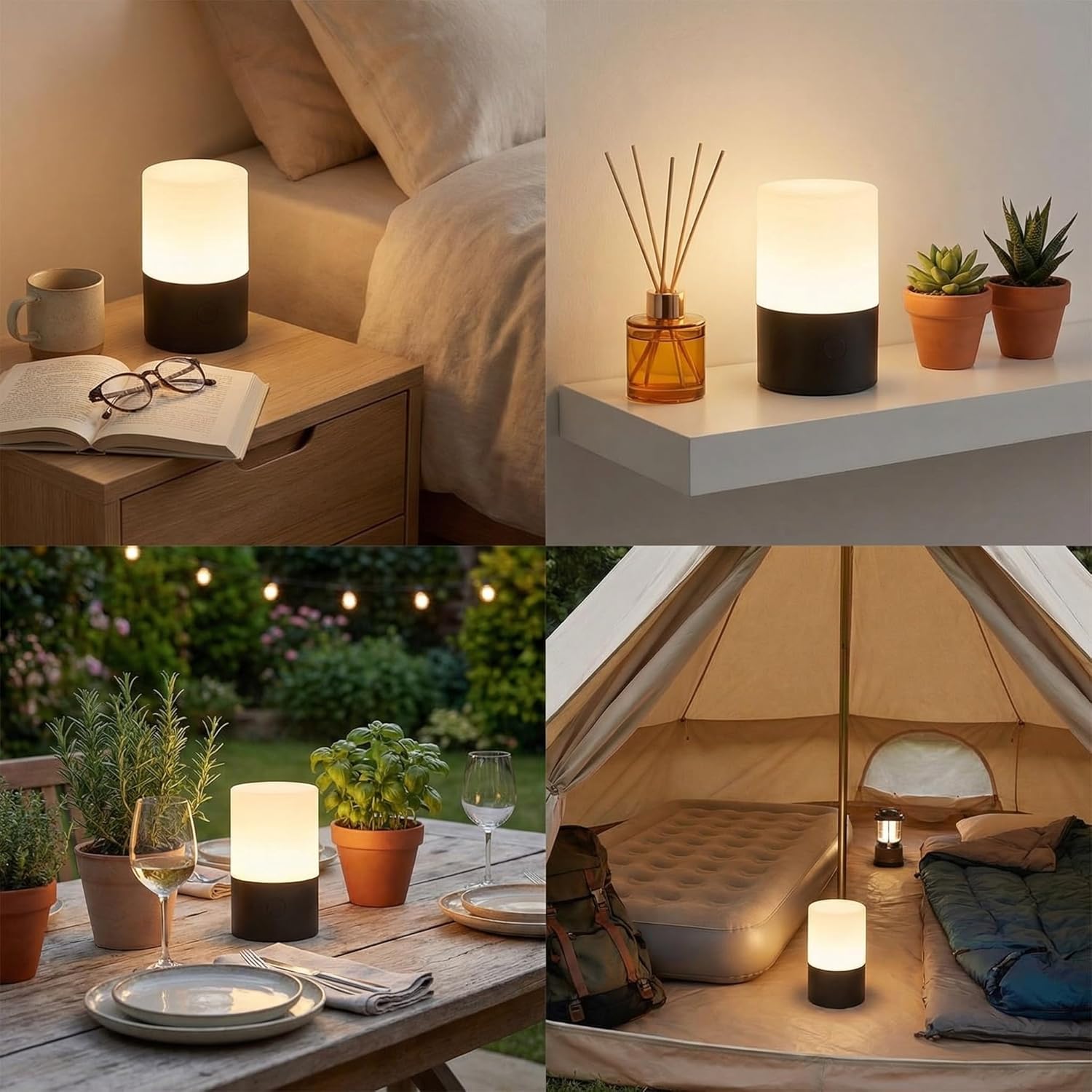 Small Lighted Table Lamp - Rechargeable, Portable, Up to 20-Hour Battery Life, 10 Brightness Levels, Auto-Off Timer, Waterproof, Warm Light for Bedside, Travel, Camping & Décor-Matte Black