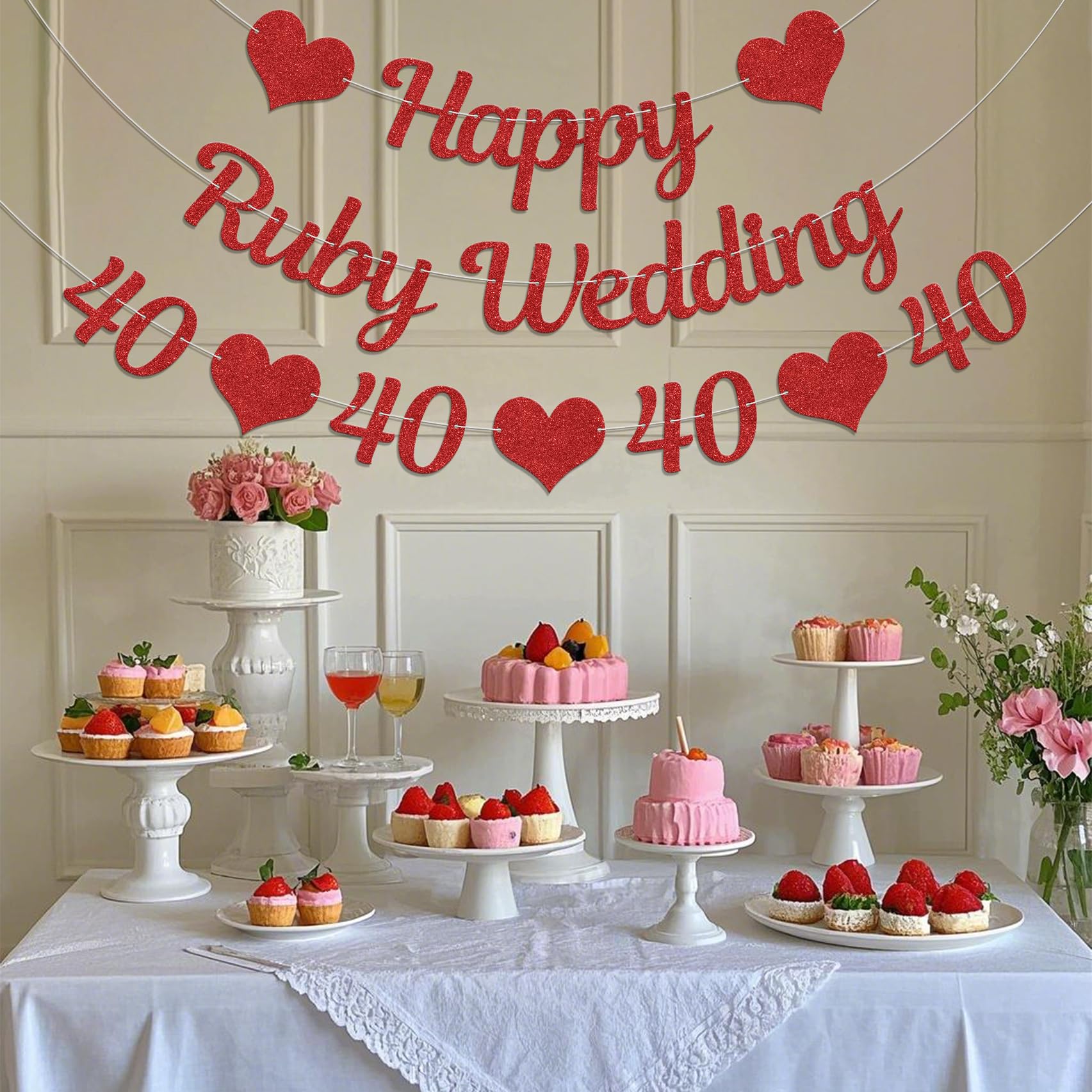 Happy 40th Wedding Anniversary Banner - Happy Ruby Wedding Banner Red Glitter - Image 3