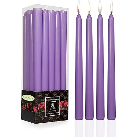 Organic CocoSoy Taper Candles - 10 inch Tall 8 Hour Long Burning Dripless, Smokeless, Coconut-Soy Wax Botanical Candles for Romantic Dinner, Wedding, Party. Bulk Pack of 20 Purple Candles