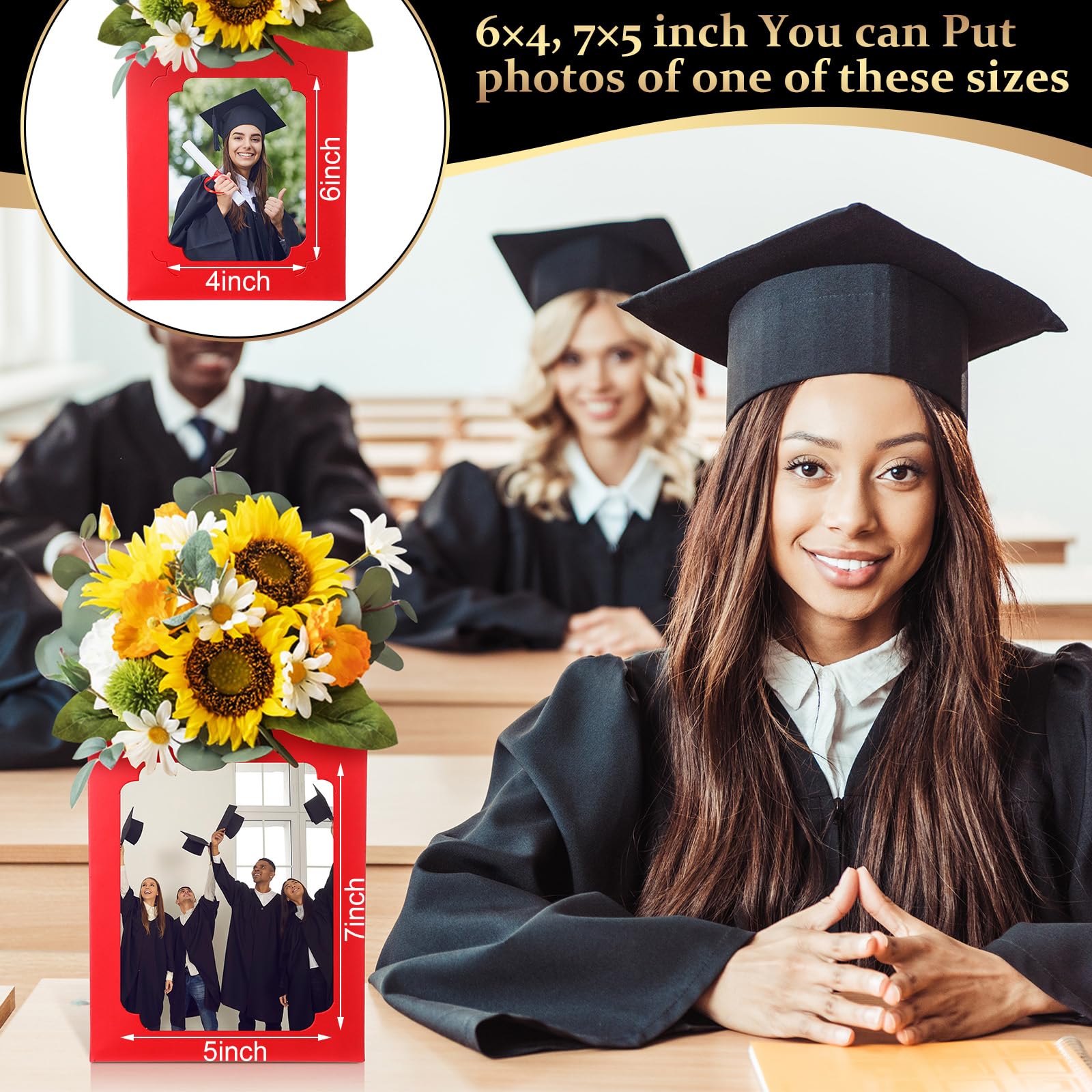 Condition photo showing New/Like New for spiareal 6 pcs graduation box centerpieces for table 6/7 inch photo frame display congrats grad party favor gift picture table box photo props frame for graduation decoration(red)
