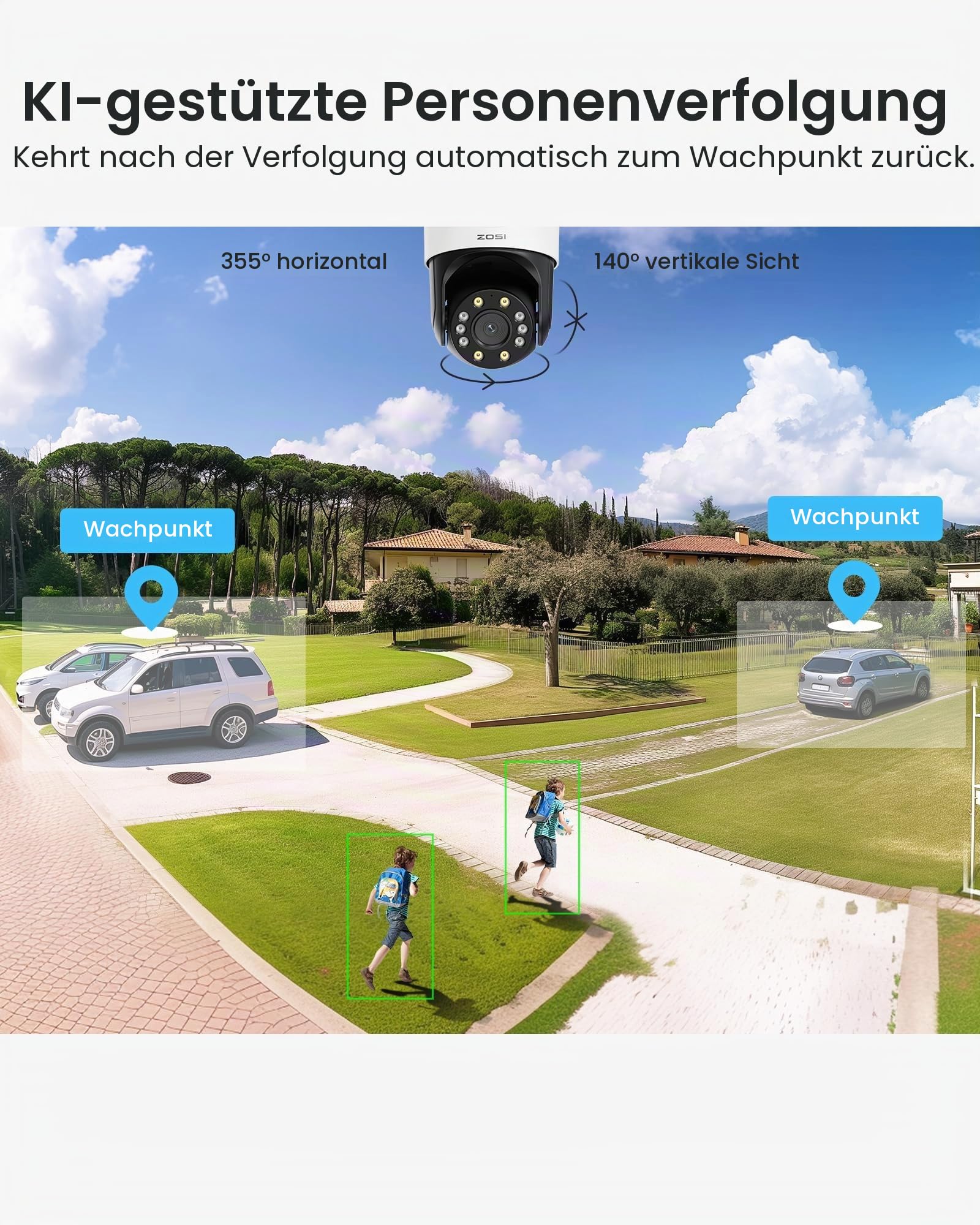 ZOSI Duallinse PTZ Überwachungskamera Außen WLAN 2MP+2MP 2,4Ghz WiFi Kamera
