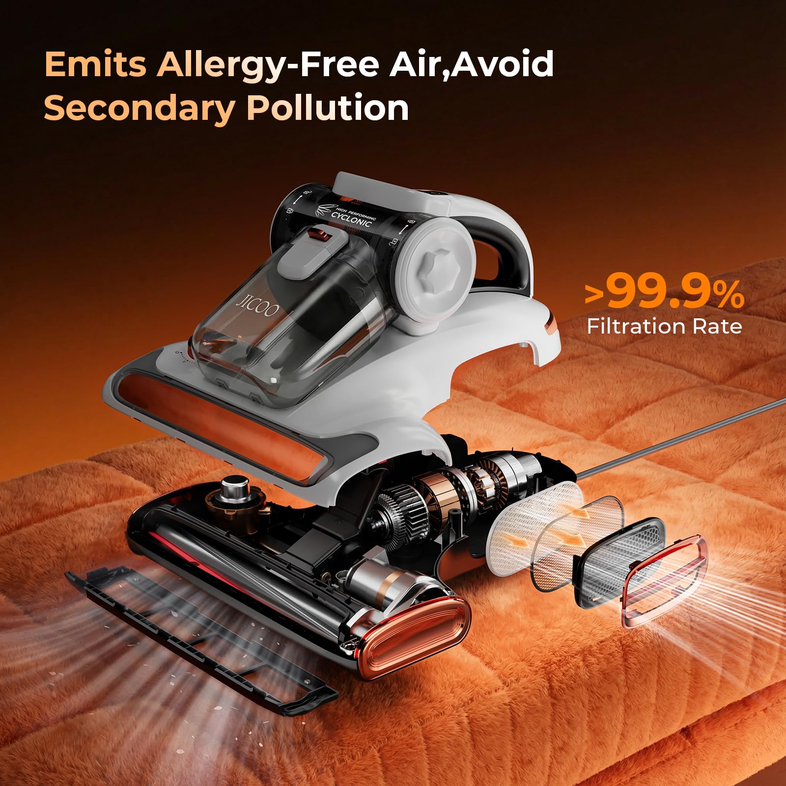 JIGOO T600 Aspiratore per materassi con luce UV e vibrazione, 700W 15kpa aspirapolvere antiacari, rimuove il 99,9%, indicatore LED, 60 ℃ 5s, riscaldamento rapido, 72 dB Design silenzioso