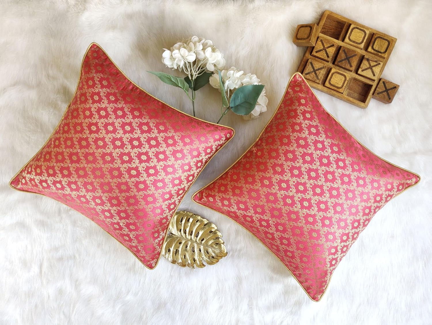 AVKA Studio Throw Pillow Covers - Pack of 2 Floral Brocade Decorative Pillows - Coral & Gold 16X16 - Indian Jacquard Cushion Cover - Cover Only