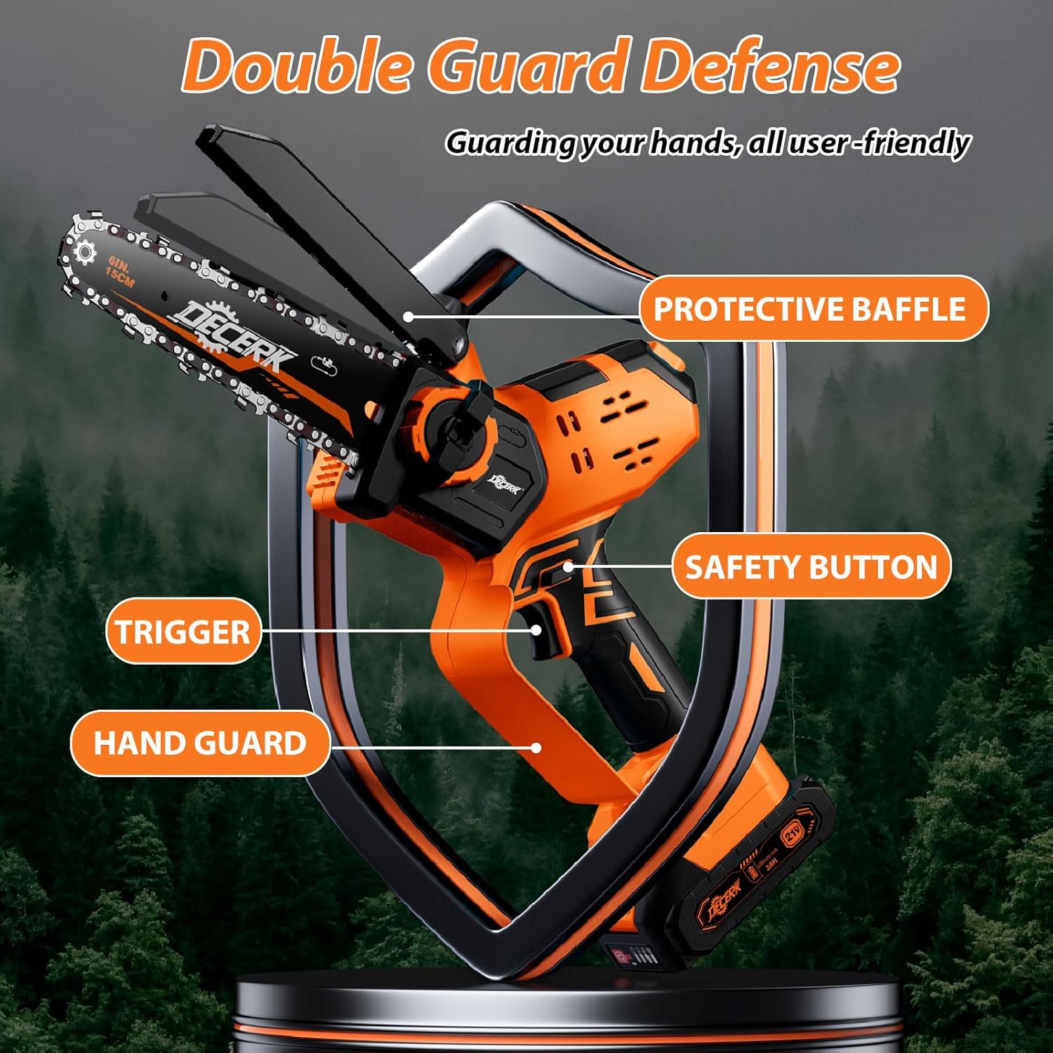 A person using the mini chainsaw to cut a 6-inch diameter log, illustrating its compact size yet powerful cutting capability and speed.