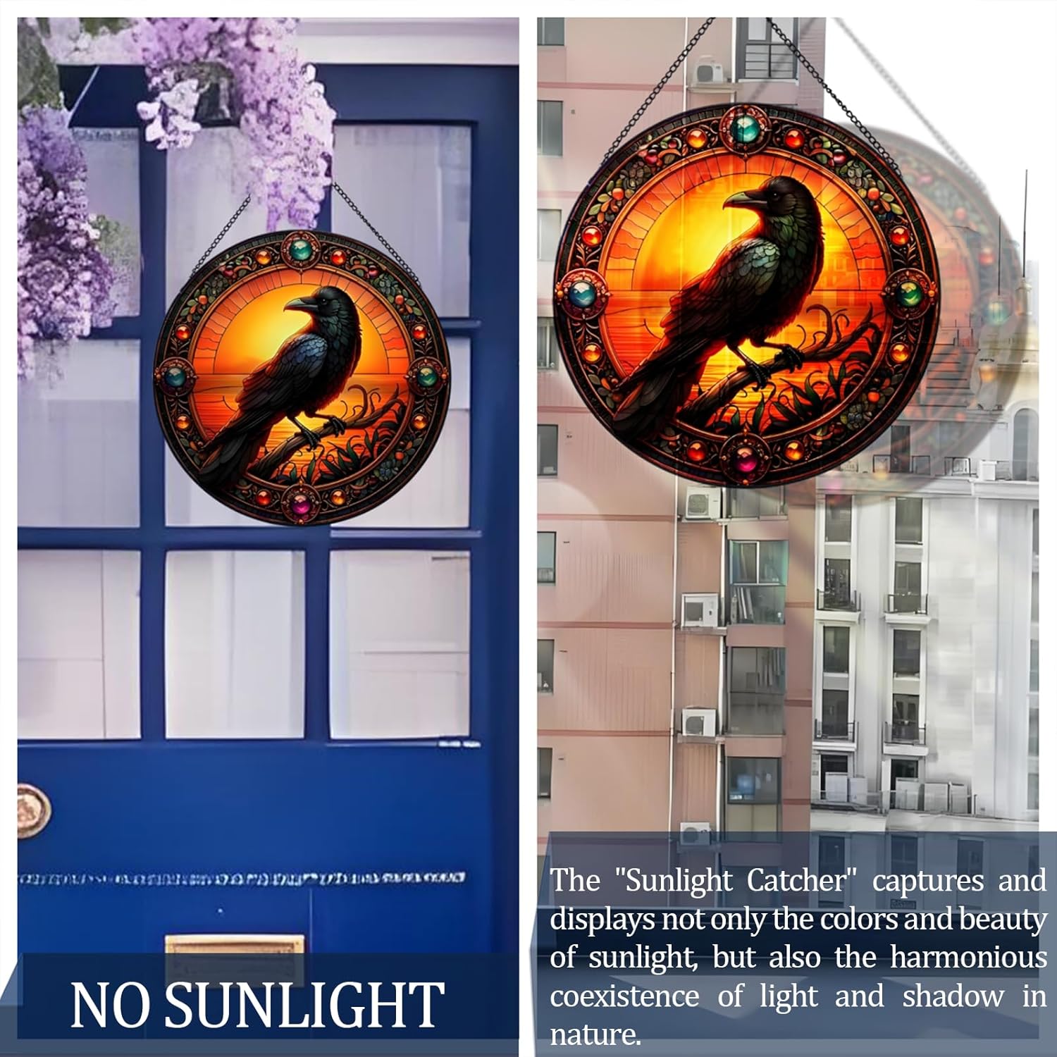 RIVEENY Crow Suncatcher Stained Glass, Stained Glass Window Hanging,Crow Wall Decor Bird Gifts for Bird Lovers, Halloween Fall Decor for Home, Cafe, Office 20cm/7.87inch - Image 2