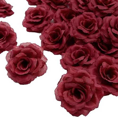 20 piezas de flores de cabeza de rosa rojo vino sin tallo, cabeza de flores artificiales para decoración de bricolaje, rosa de seda de 3 pulgadas