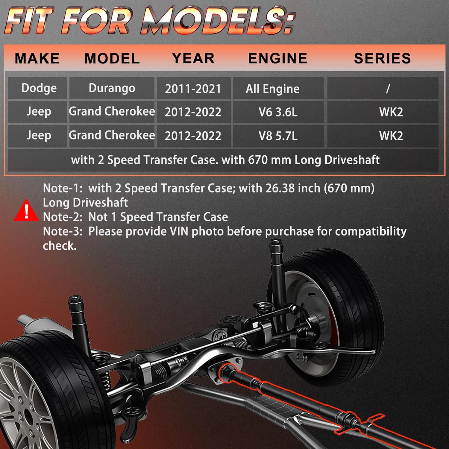 Front Drive shaft Prop Driveshaft Fit For Dodge for Durango 2011-2020,For Jeep Grand Cherokee 2012-2022, 2 Speed Transfer Case, Replace# 52853641AE 52853641AC 52853641AD