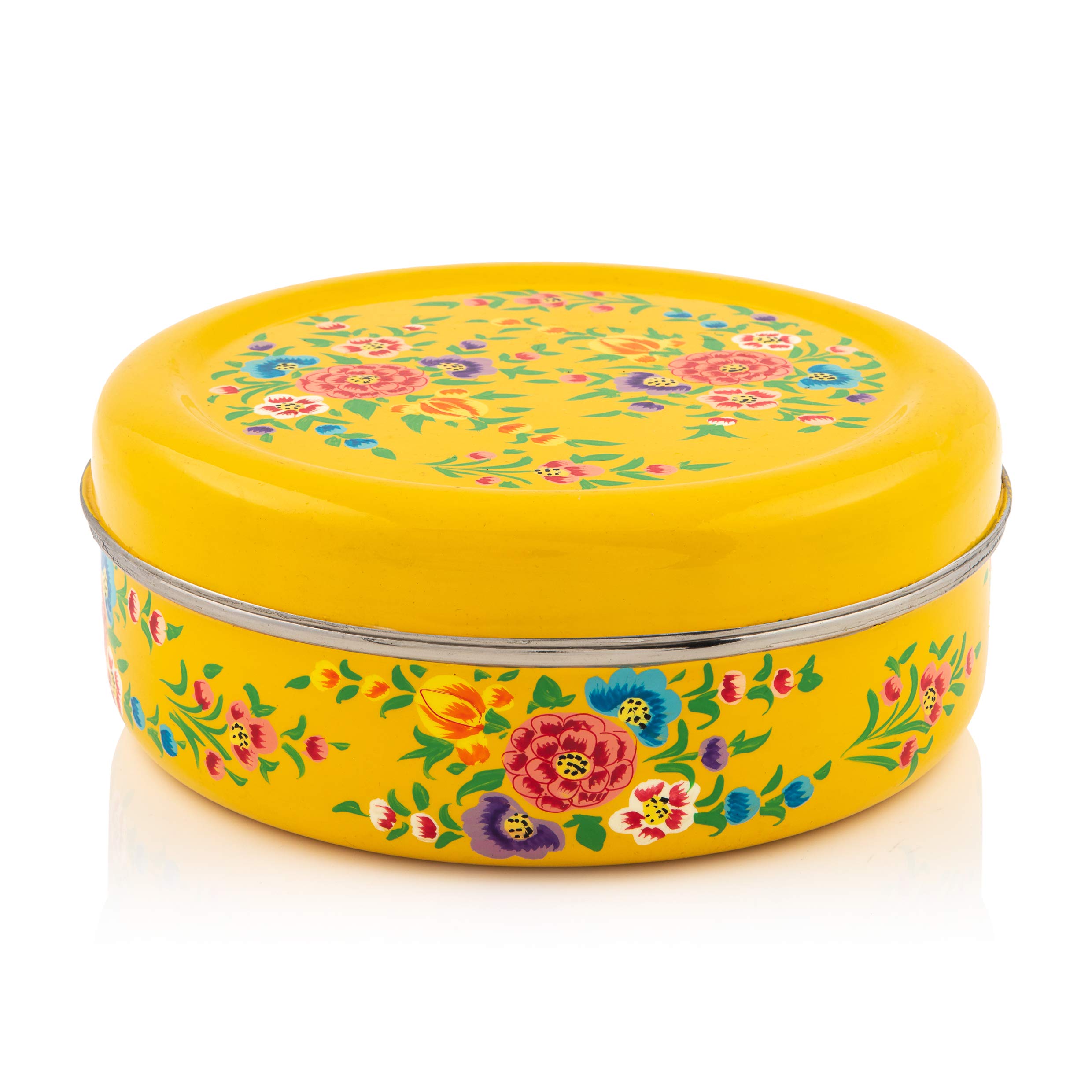 Indian-Tiffin Yellow Handpainted Flower Masala Dabba - Airtight Spice Container - 7 Pots