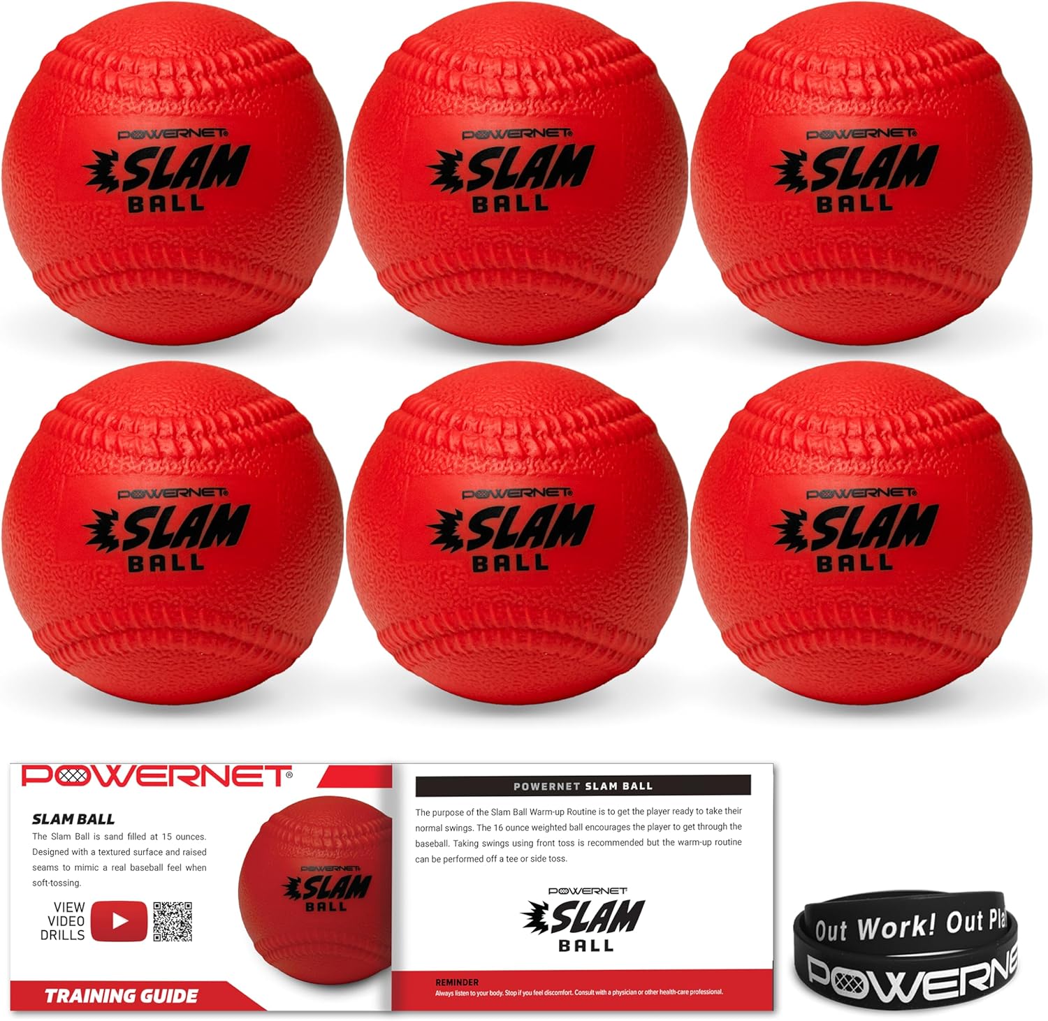 PowerNet Slam Ball 6-Pack, Baseball Size Weighted Ball with Textured Surface and Raised Seams, Training Equipment to Improve Hitting Power, 16 Oz Weighted Baseballs for Batting