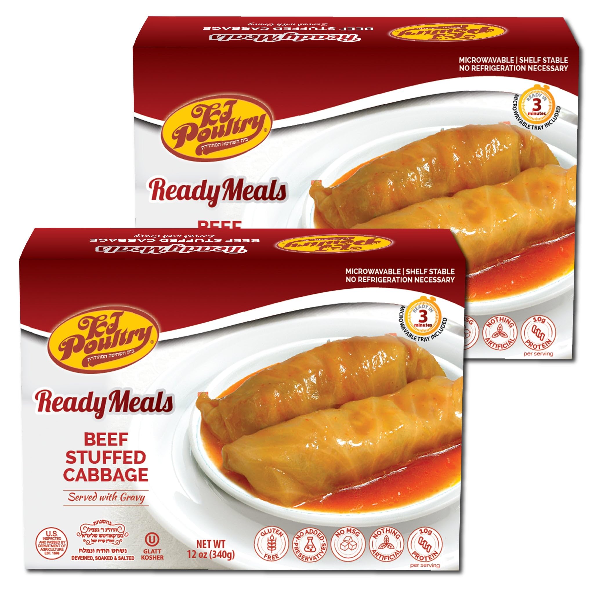 KJ Poultry Kosher Ready Meals - Beef Stuffed Cabbage Rolls, MRE Meat Meals Ready to Eat, Gluten Free (2 Pack) Prepared Entree Fully Cooked, Shelf Stable Microwave Dinner Travel Military Camping