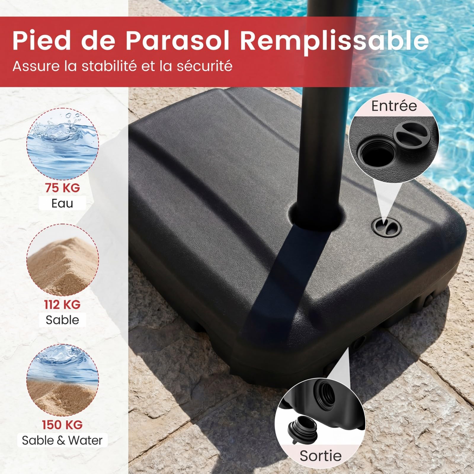 COSTWAY Pied de Parasol Déporté en HDPE sur 2 roulettes, 80 x 59 x 21,5 cm