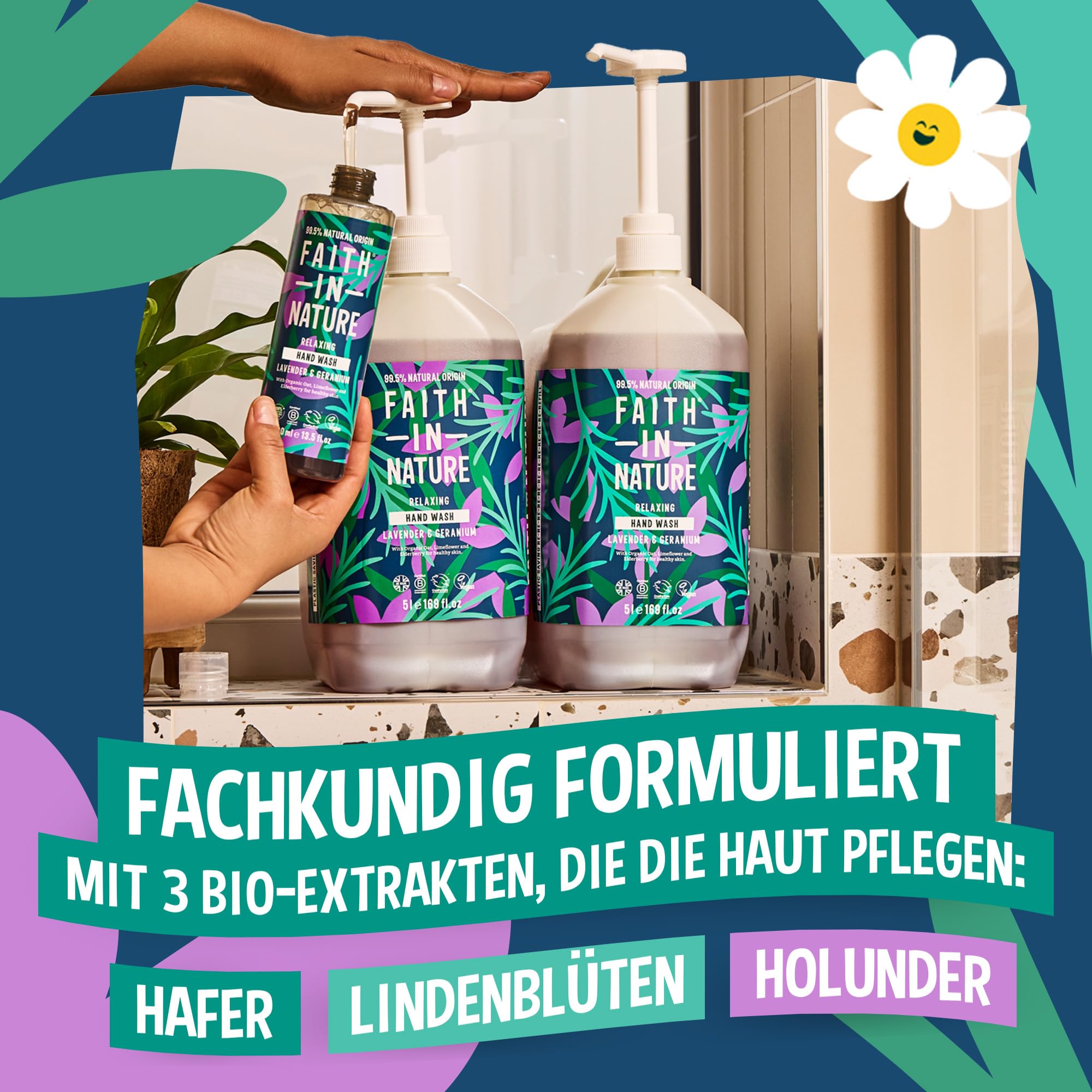 Faith In Nature Flüssige Handseife Lavendel und Geranie, Entspannend, Vegan und Tierversuchsfrei, Ohne SLS oder Parabene, 5 L Nachfüllpack