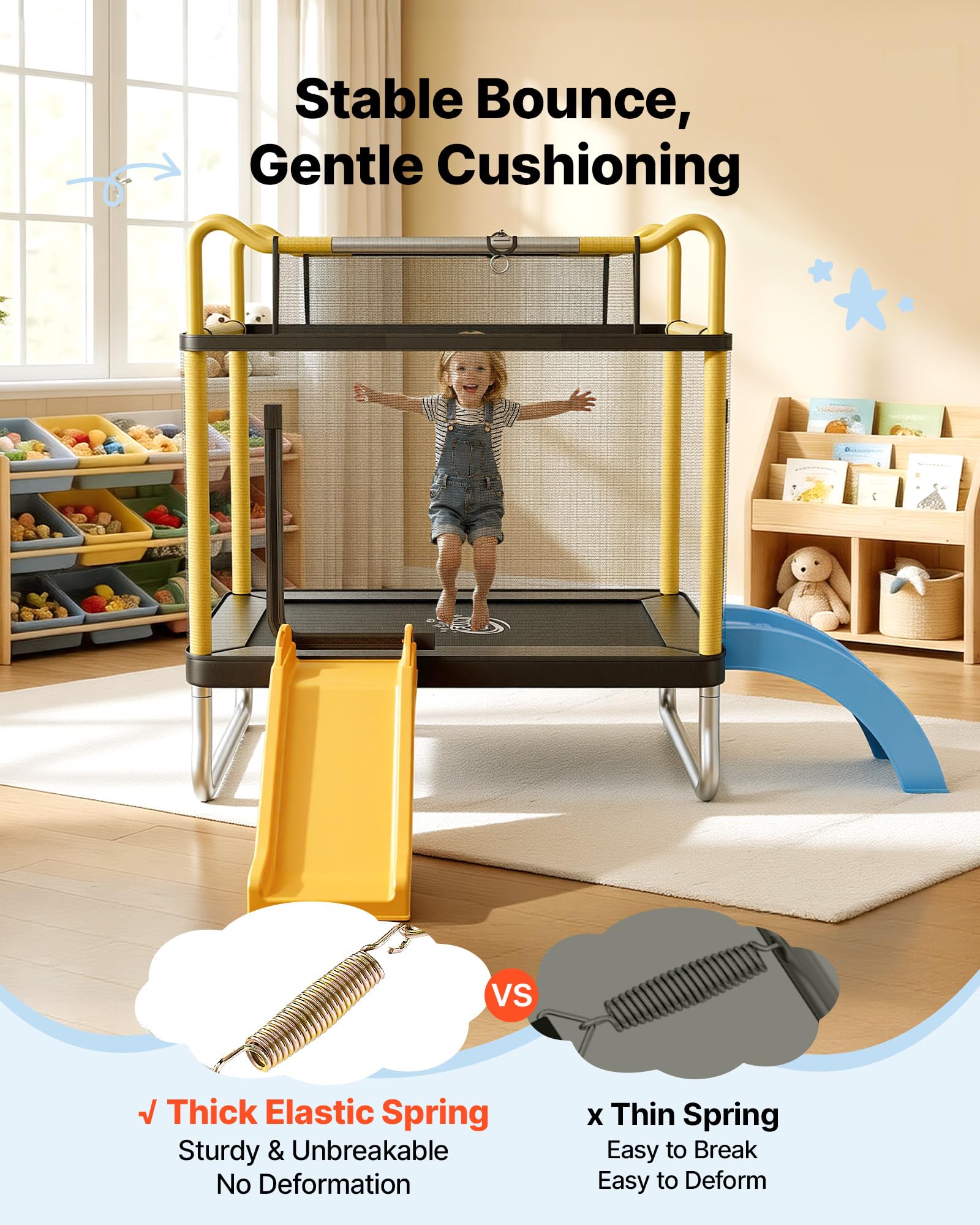 VEVOR Trampolín Infantil Cama Elástica para Niños Rectangular Carga 60 kg, con Red de Seguridad, Toboganes y Aro de Baloncesto, Marco de Tubos Galvanizados, Lona de Salto de PP, Regalo de Cumpleaños