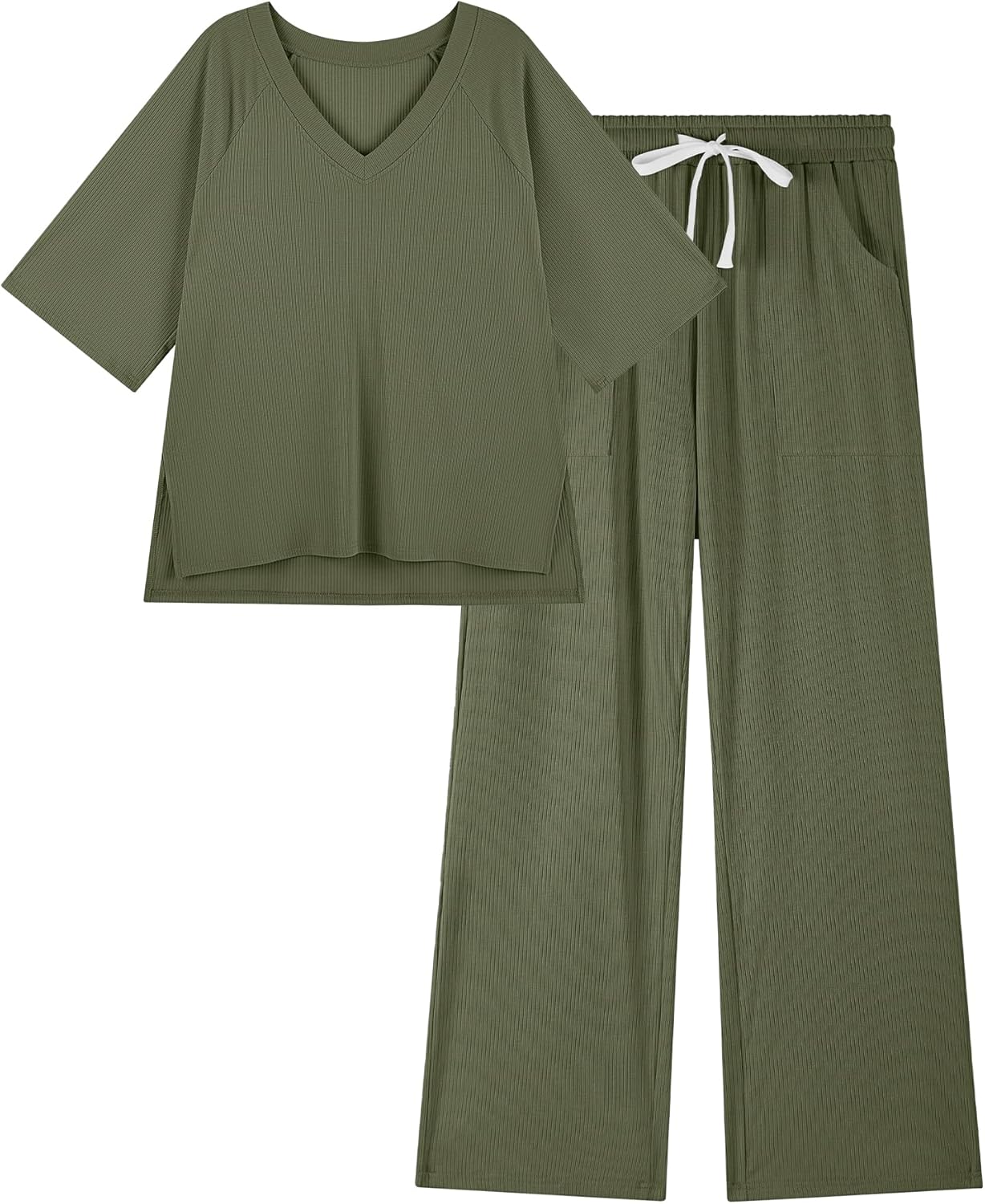 difficort Womens 2 Piece Outfits Raglan Short Sleeve Lounge Sets Wide Leg 2026 Sets Loungewear with Pockets