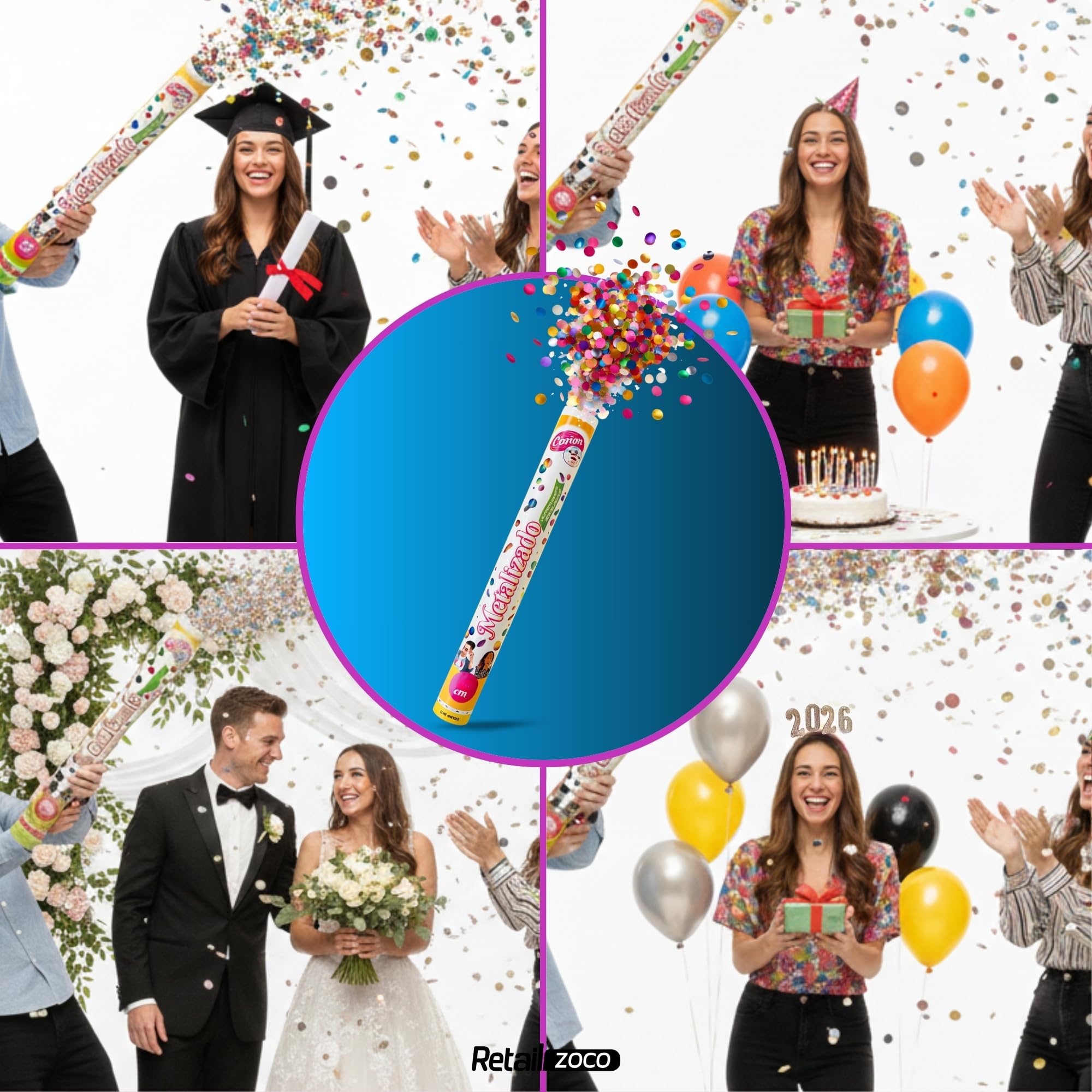 Cañón Confeti Boda, Cañón para fiestas y eventos, Fáciles y Seguros de Usar, Apto para bodas, eventos, celebraciones, Uso interior y Exterior, Diseño Metalizado Dorado, 30 cm, Pack de 3 unidades - imagen 4