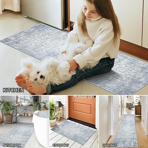 Miniatura 8 de Juego de 3 alfombras de cocina antideslizantes y lavables para piso, juego de 3 piezas de alfombras de cocina bohemias, alfombras de pasillo grises,