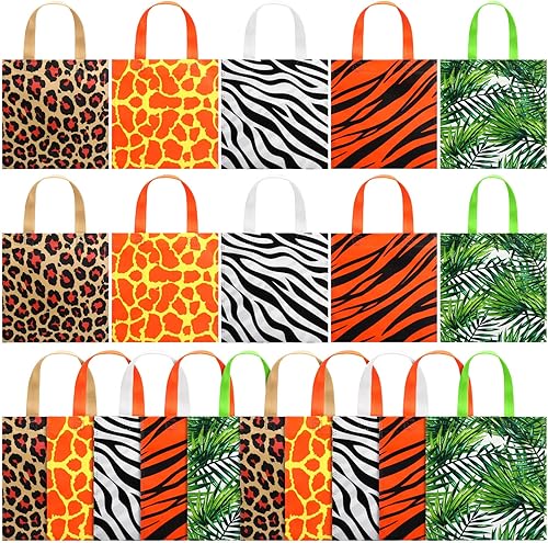 Tallew 20 bolsas de fiesta con estampado de animales, bolsas de golosinas de vida silvestre, safari, selva, bolsa no tejida con diseño de hojas de
