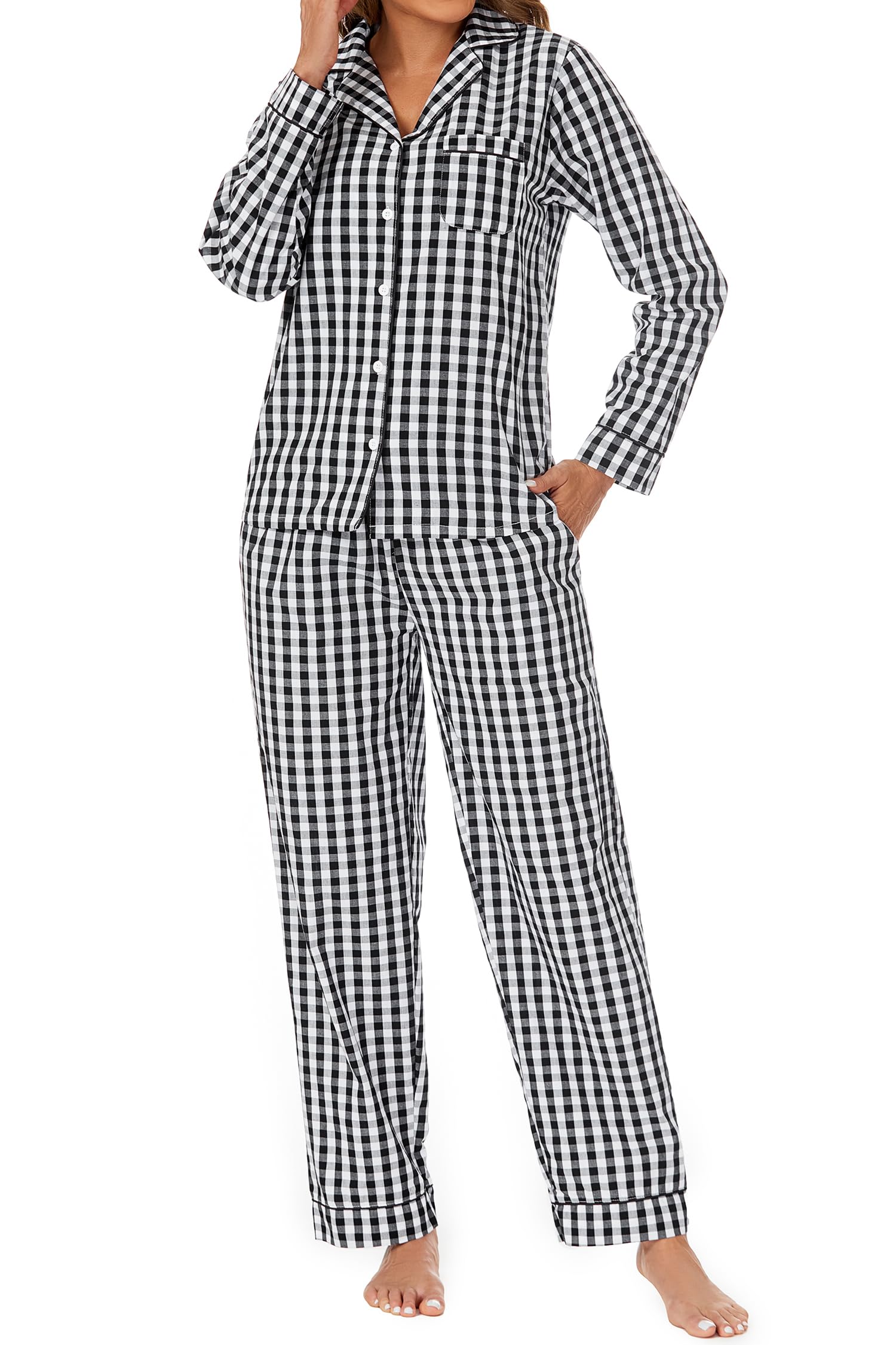 Pijama de 2 piezas para mujer, 100 % algodón, con botones, manga larga, estampada, suave, tallas S-XXL