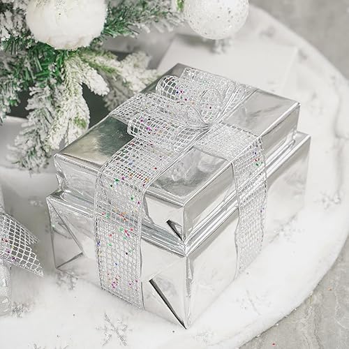 Miniatura 5 de MEEDEE Cinta plateada con purpurina, cinta de Navidad plateada de 2.5 pulgadas, malla cuadrada con alambre con cinta plateada brillante de arcoíris