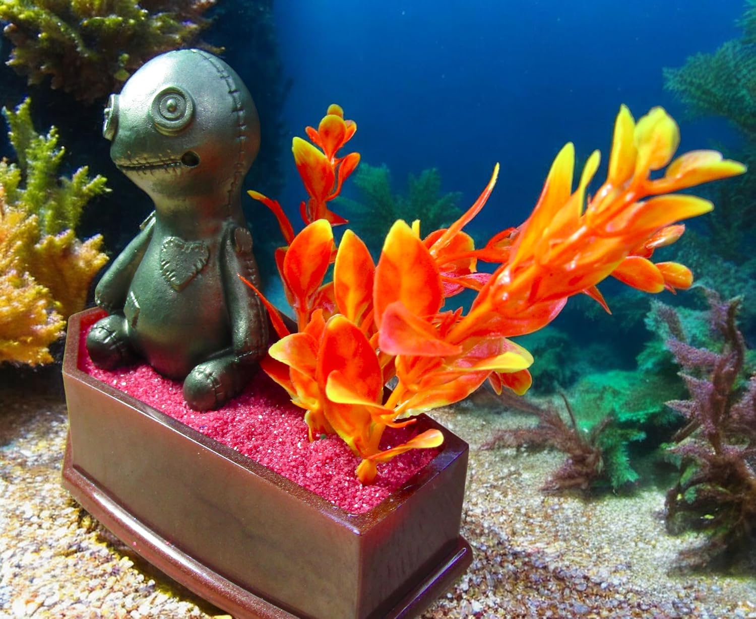 Handmade Voodoo Doll Coffin Aquarium Decoration with Artificial Plant. Gothic Halloween Fish Tank Decor Ornament.