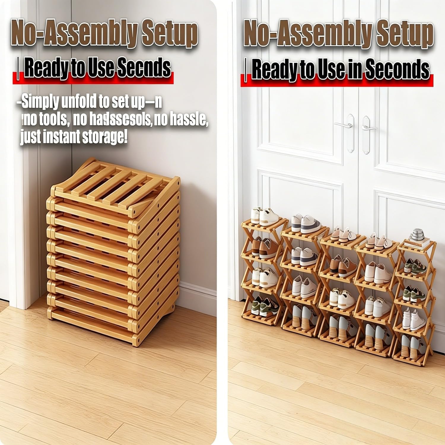 The 9-Tier No-Assembly Bamboo Rack, Bamboo Shoe Storage Rack, 2/3/4/5/6/7/8/9/10 Tiers, Tight Space Wooden Shoe Racks Storage Organizer (Seven)