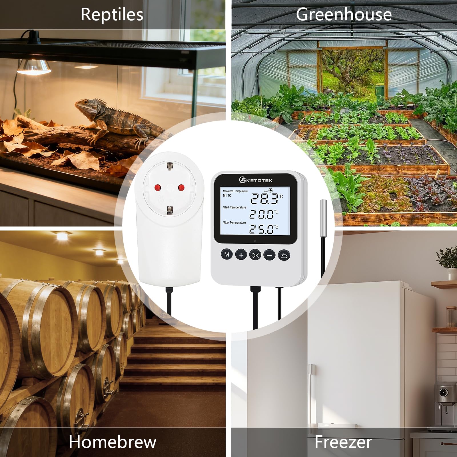 KETOTEK Enchufe con Termostato y Temporizador, Día y Noche Controlador de Temperatura Digital 220V para Terrario Reptiles e Incubadora, Sonda de 3m, Función de Calefacción y Enfriamiento