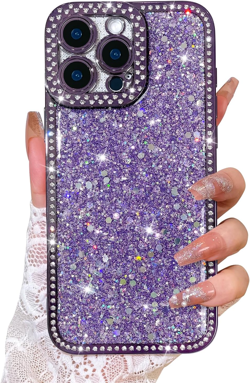 AIGOMARA Compatible with iPhone 16 Pro Max Case Glitter, Luxury Crystal Diamonds Cover for Women Girls, Slim Shiny Bling Shockproof Soft TPU Protective Case for iPhone 16 Pro Max, Purple Purple iPhone 16 Pro Max