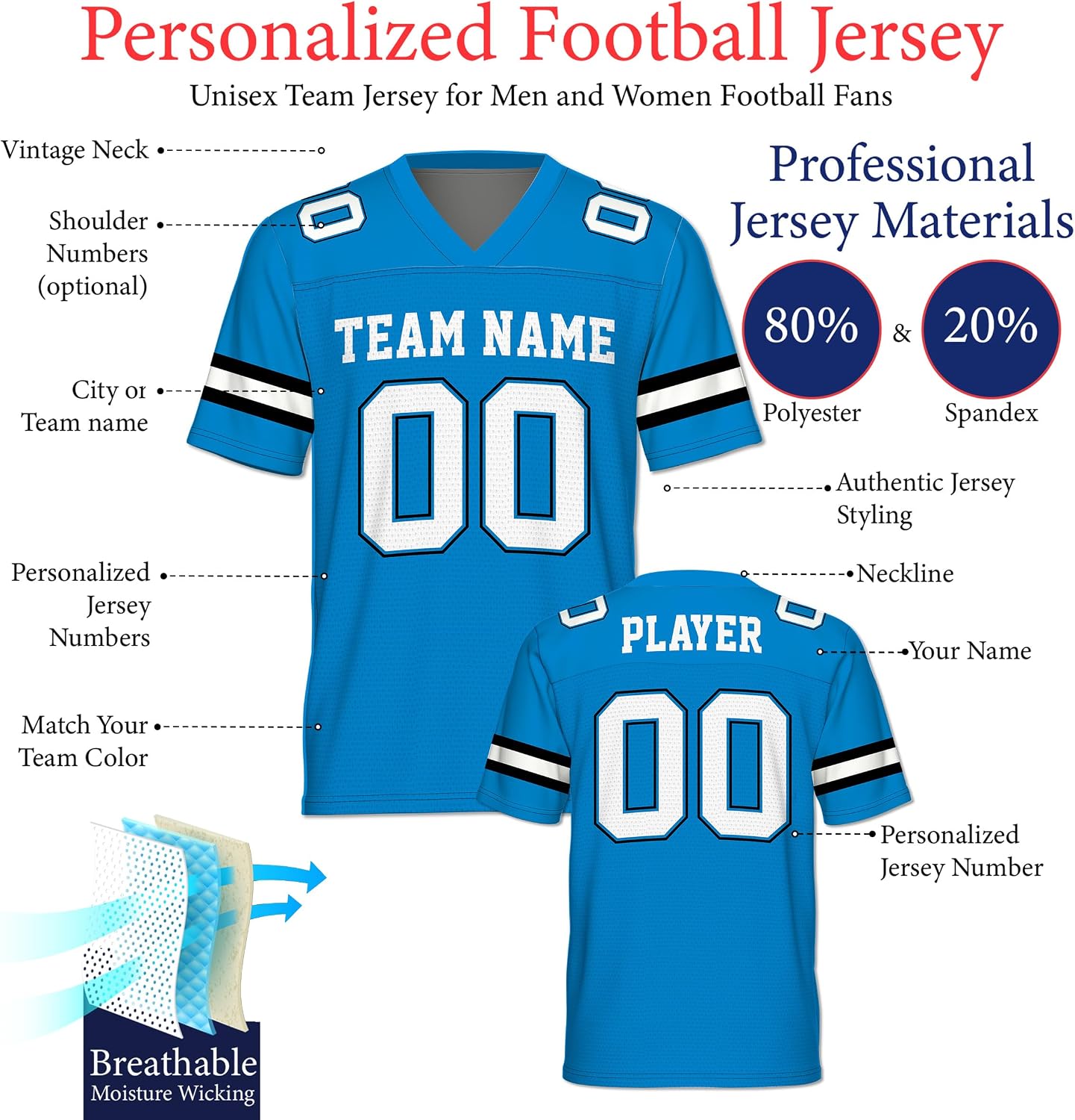 Personalized Football Jersey for Men and Women | Classic Replica | Personalized Name, Number, and Team Color
