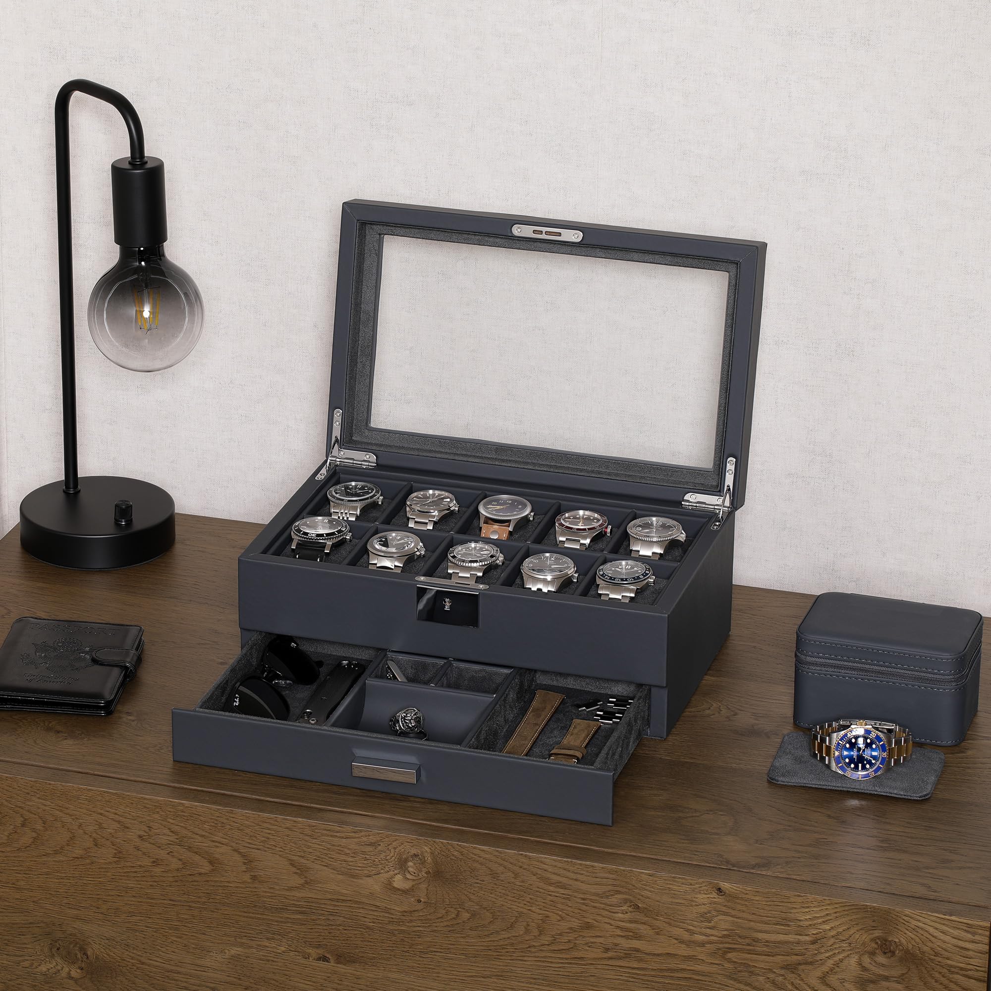 ROTHWELL Boîte à montres en cuir 10 emplacements tiroir valet, organiseur luxe microsuède doux, support bijoux lunettes soleil grand dessus