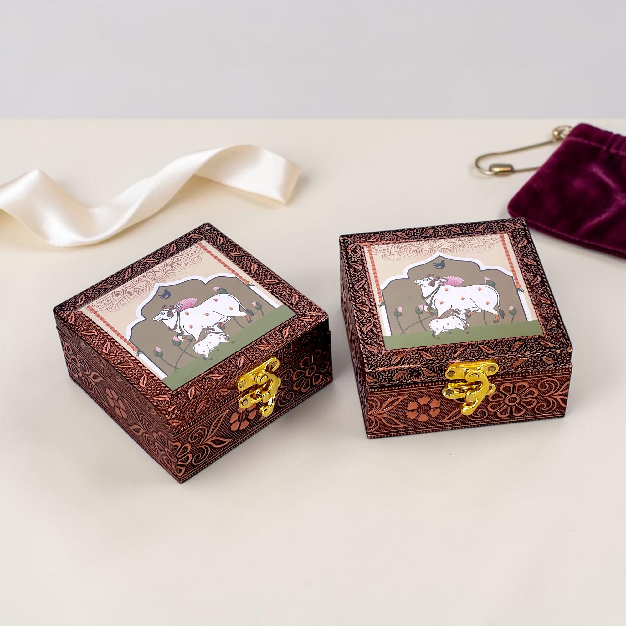ShopBeat Handcrafted Wooden Jewellery Box Copper Metal Finish (4 x 4 inch) - Pack of 2 | Oxidized Pichwai Cow & Calf Design | Decorative Organizer | Storage Box for Women Puja Gifting | Ivory Sand
