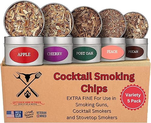 Cattleack Smok'in Tinder - Delicias con infusión de madera - Chips de madera para ahumar cóctel, paquete variado, paquete de 5, 4 onzas cada uno -