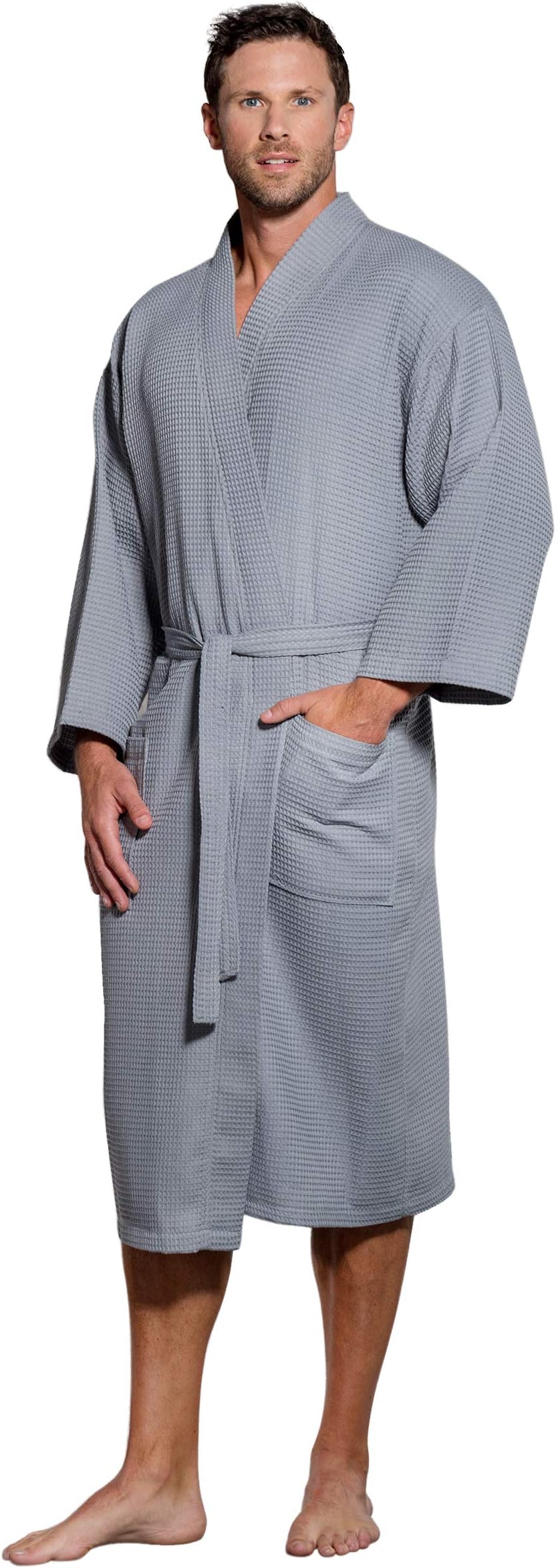 Lightweight Long Waffle Kimono Spa Robe for Men