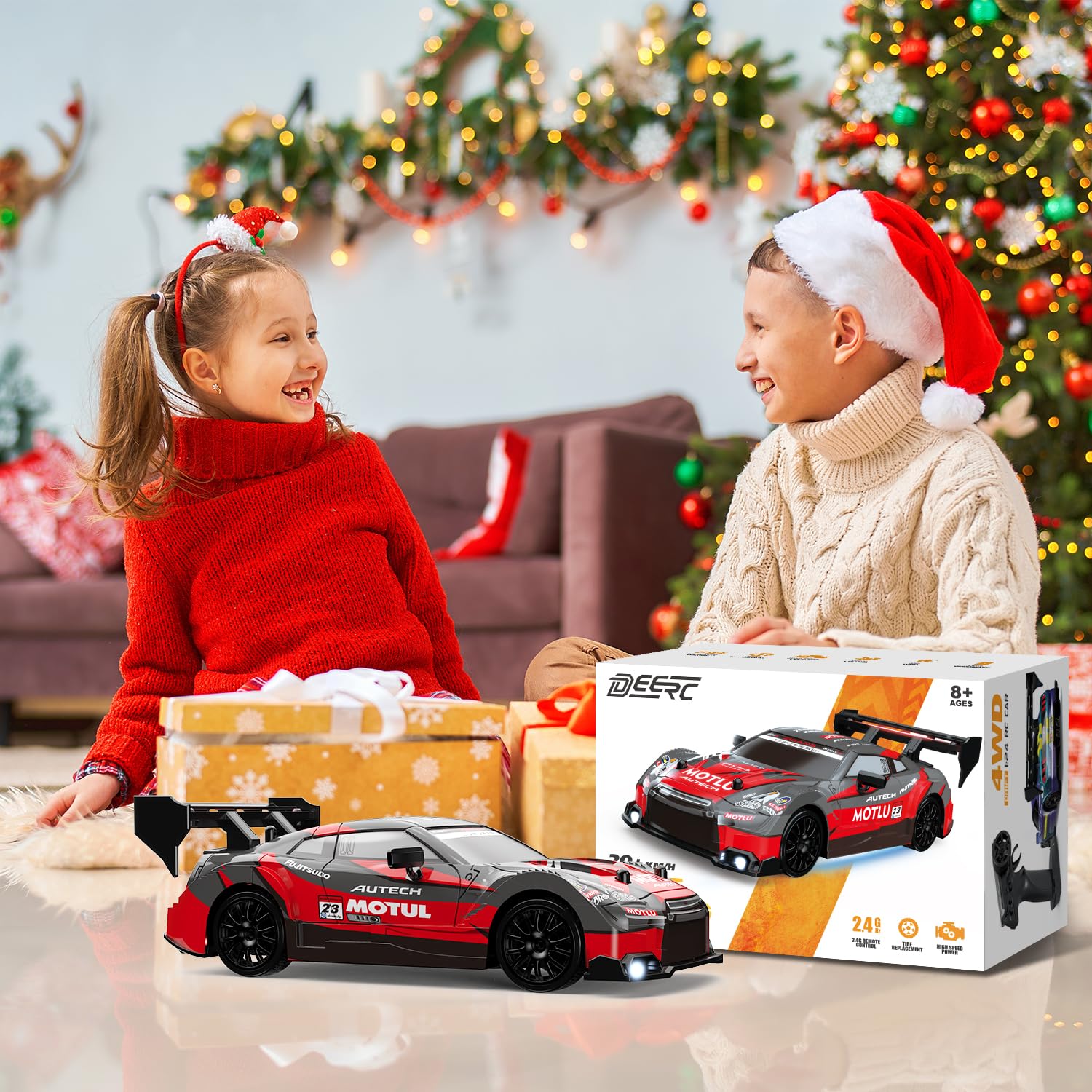 DEERC RC Drift Auto 4WD 2,4 GHz Auto Telecomando ad alta velocità con 2 carrozzerie, luci a LED, 2 batterie (20 min) e pneumatici Drift, giocattolo da corsa per bambini/ragazzi