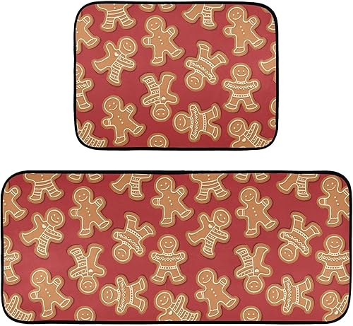 Juego de 2 alfombras de cocina de pan de jengibre de Navidad para hombre, juego de 2 piezas, acolchado, antifatiga, tapete de cocina antideslizante,