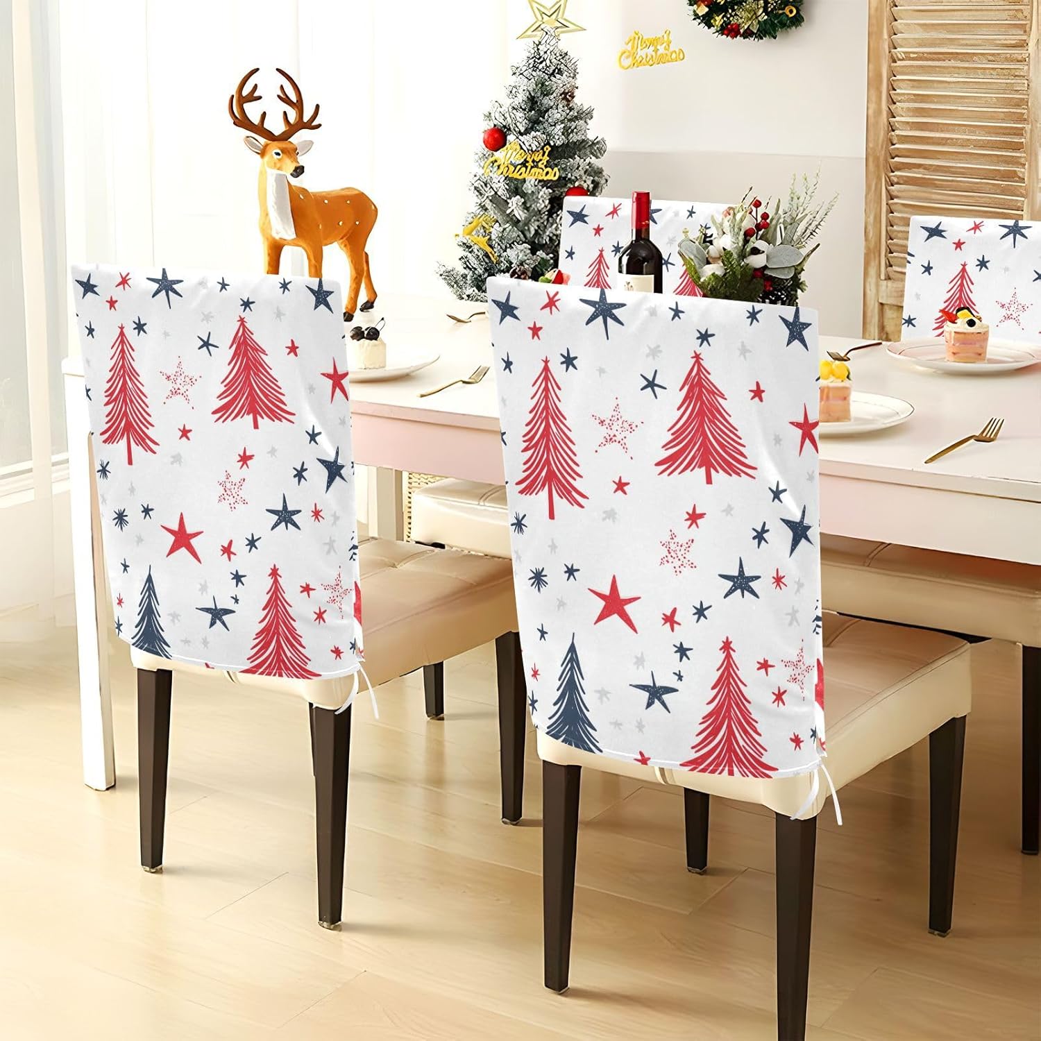 ALAZA Christmas Trees and Stars Chair Back Cover Set of 6, Washable Reusable Removable Chair Slipcovers Decorative Chair Cover for Home Kitchen Wedding Party