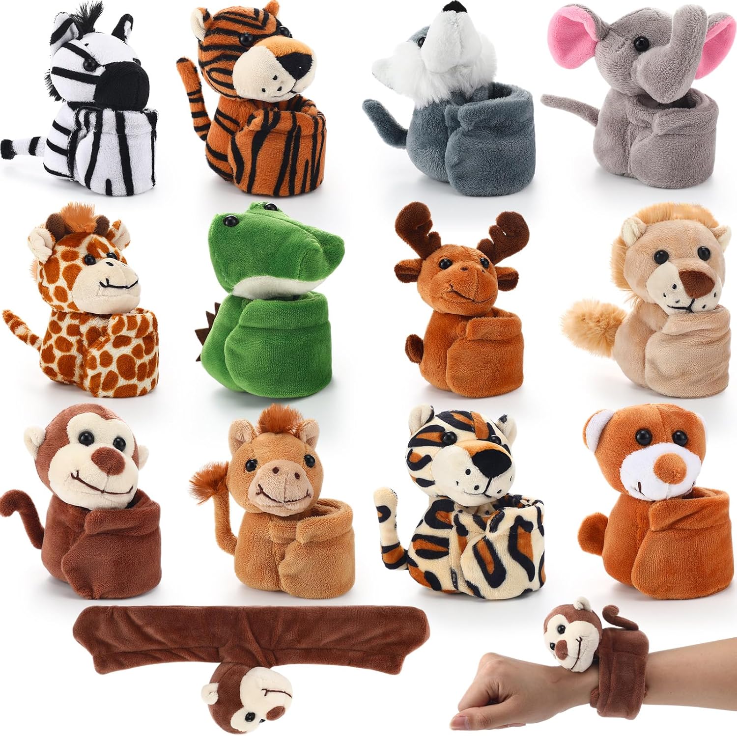 12 Pcs Stuffed Animal Slap Bracelet Plush Toy Hug Animal Slap Bracelet Plush Wrist Cute Snap Bracelets for Birthday Baby Shower Party Favors(Forest Style)