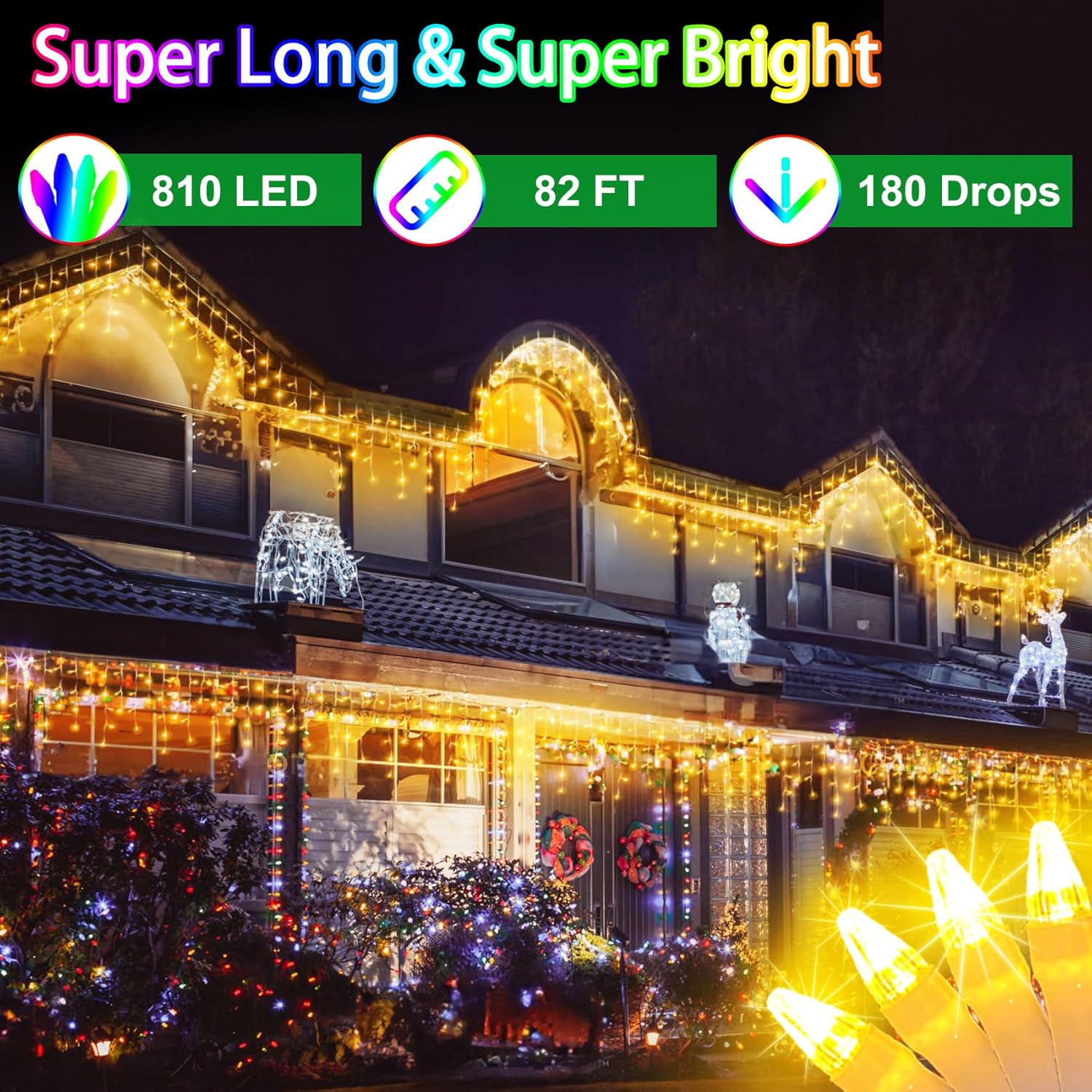 82ft 810 led outdoor christmas lights - 180 ice drops, 12 pro modes with timer memory & brightness, waterproof hanging ice string light for holiday wedding garden fence house decor (warm white) warm white 810led 82ft 180 drops