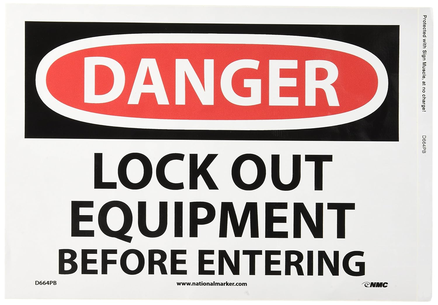 NMC D664PB OSHA Sign, Legend "Danger - Lock Out Equipment Before Entering", 14" Length x 10" Height, Pressure Sensitive Vinyl, Black/Red on White