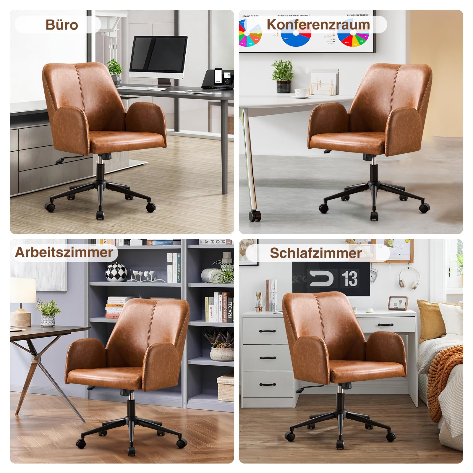 Bürostuhl Ergonomisch, PU Leder Homeoffice Stuhl, Drehstuhl, Schreibtischstuhl Computerstuhl mit Gepolsterter Armlehnen und Höhenverstellbar, Neigefunktion für Büro Schlafzimmer, Braun