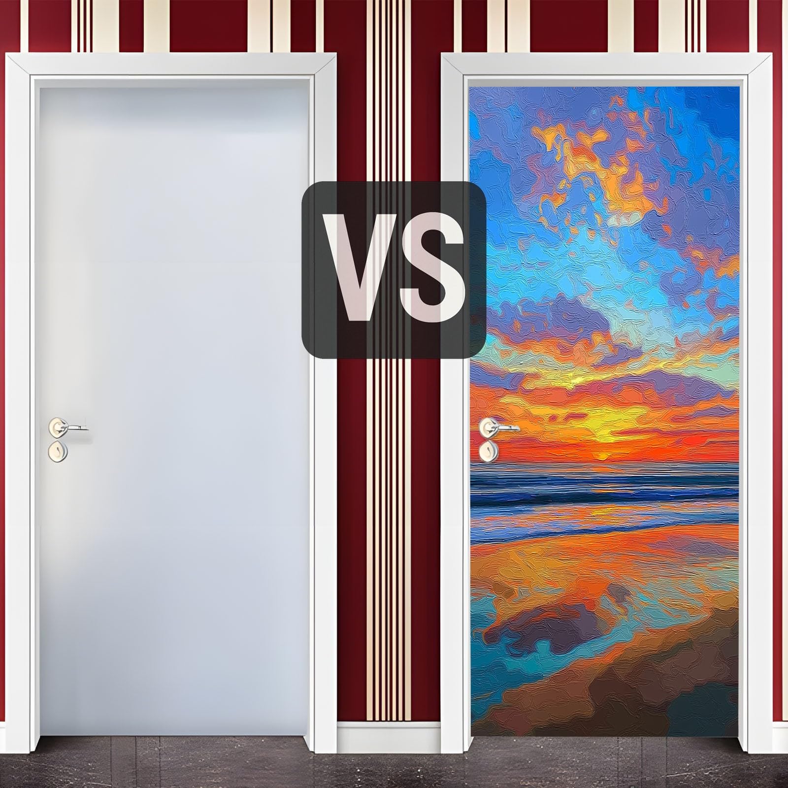 Natura krajobraz samoprzylepna naklejka na drzwi, 80 x 210 cm, tropikalna plaża, zachód słońca, plakat na drzwi, niebiesko-czerwona, wodoodporna, zdejmowana folia na drzwi, fototapeta do sypialni
