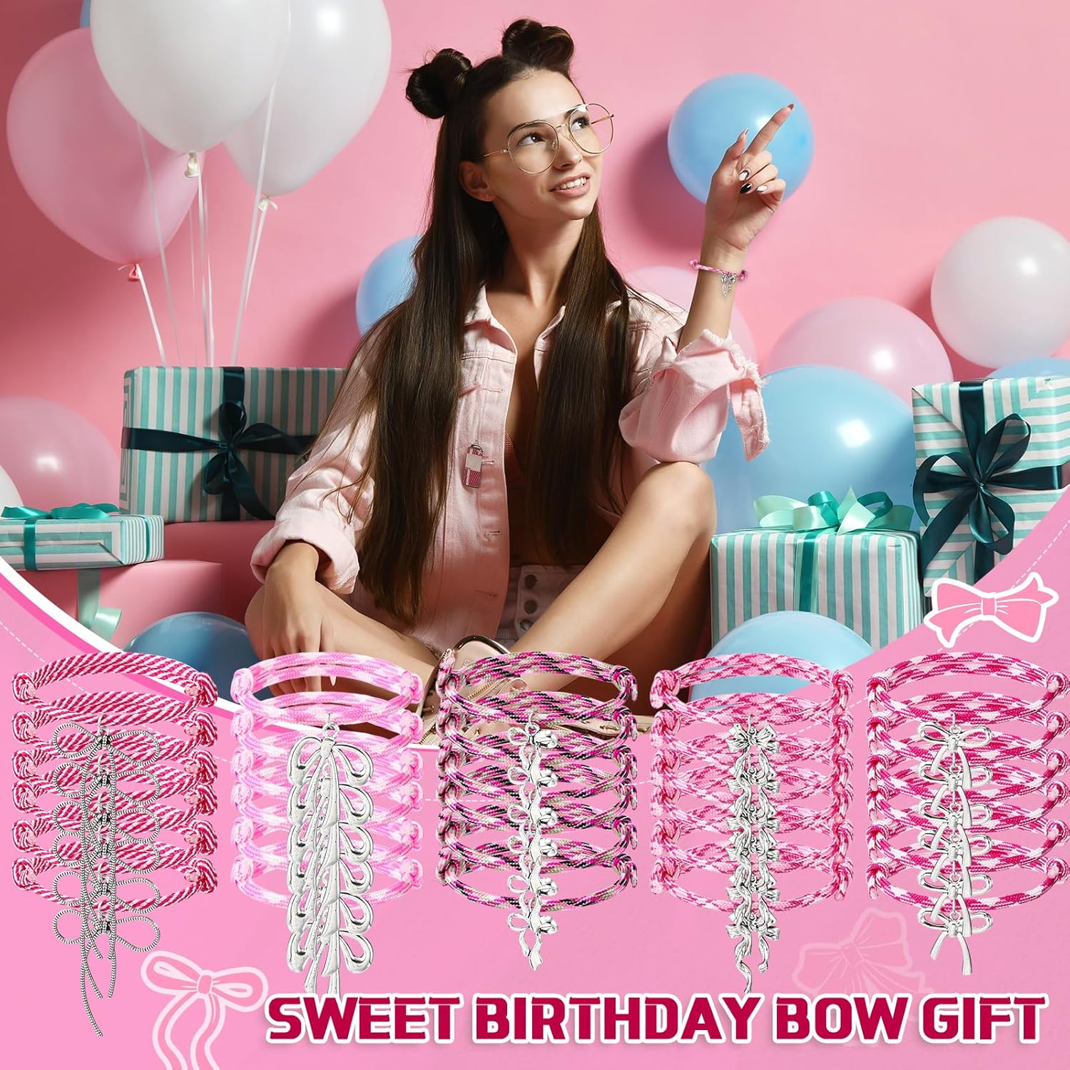 Pink Bow Bracelets Coquette Pink Bow Party Favors Adjustable Braided Rope Cord Friendship Preppy Bracelets - Image 7
