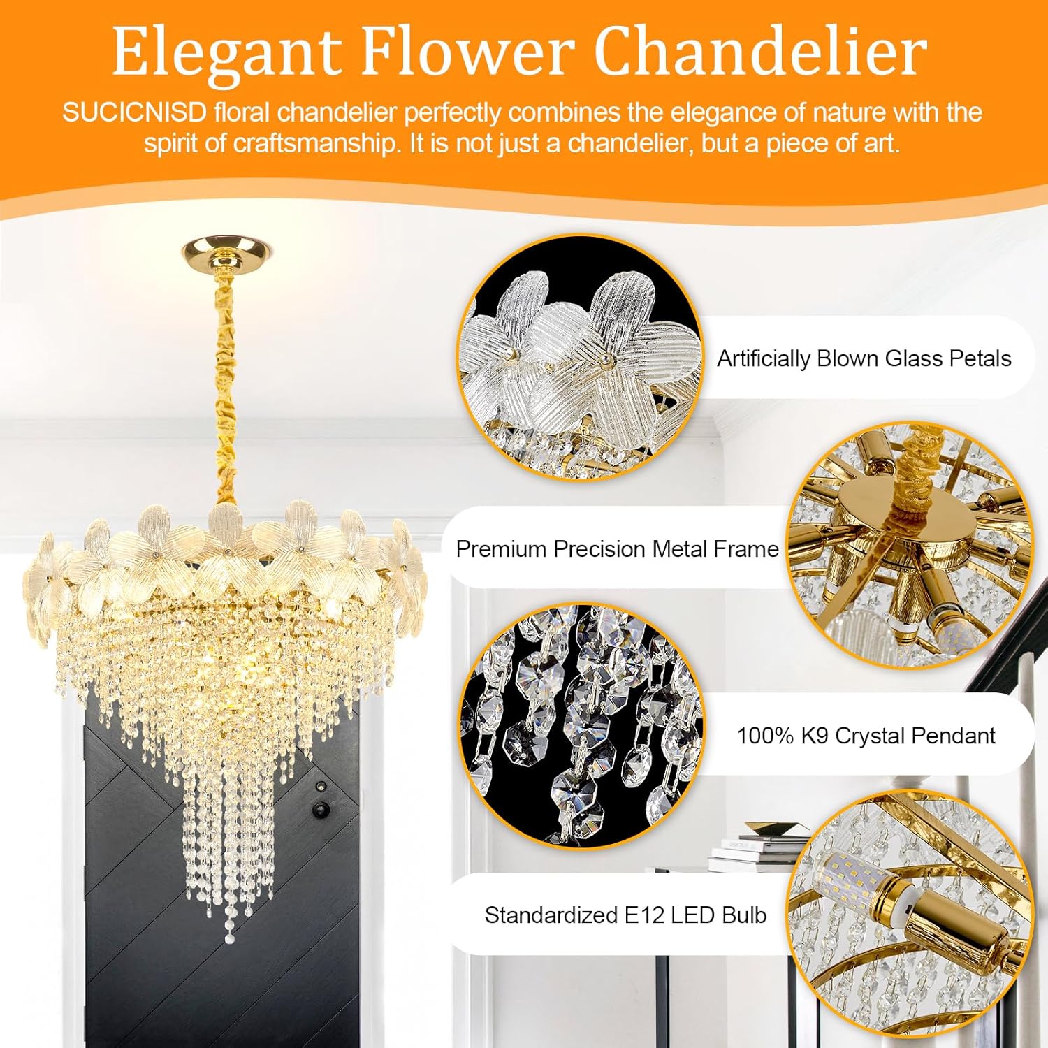 Gold Crystal Chandelier, 23.6" Luxury Flower Round Contemporary Chandeliers, 9-Light Adjustable Height Ceiling Fixture Elegant Modern Chandelier for Dining Room, Living Room, Staircase