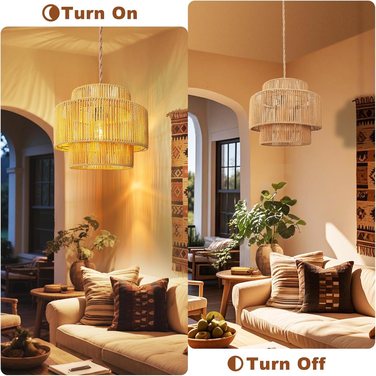 Hanging Lamps Rattan Pendant Light - 16.4ft Plug in Cord Hanging Light Fixture Plug Into Wall Outlet Pendant Lighting with On Off Switch for Bedroom Living (Lantern Shade)