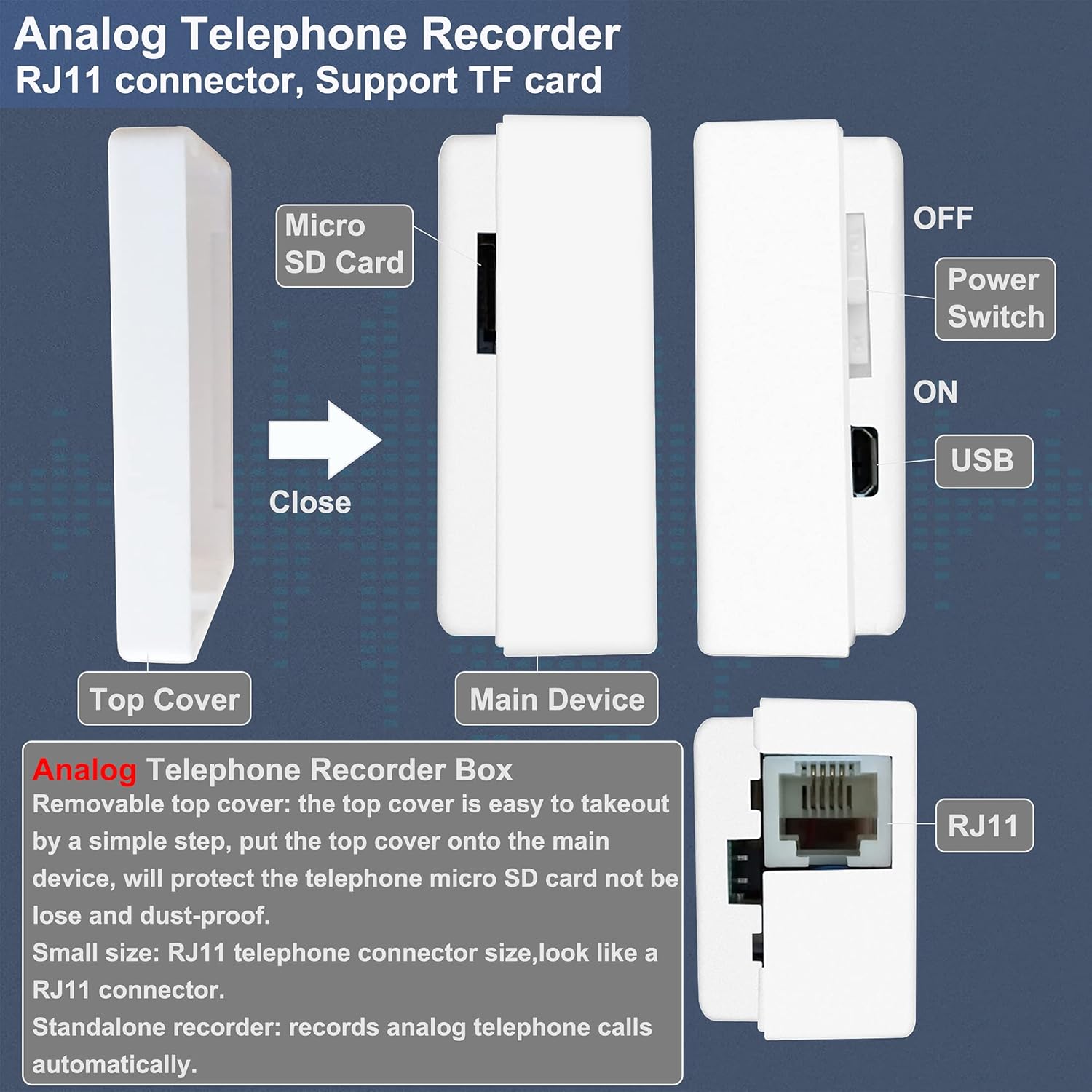 Telephone Recorder,16GB USB Telephone Phone Voice Recorder,Mini Telephone Recorder for Landline,Get Power from Telephone System(Less Charging time)
