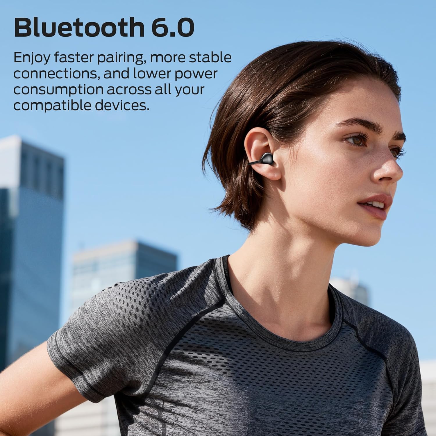Person wearing Monster Airclip AC700 earbuds, illustrating Bluetooth 6.0 connectivity