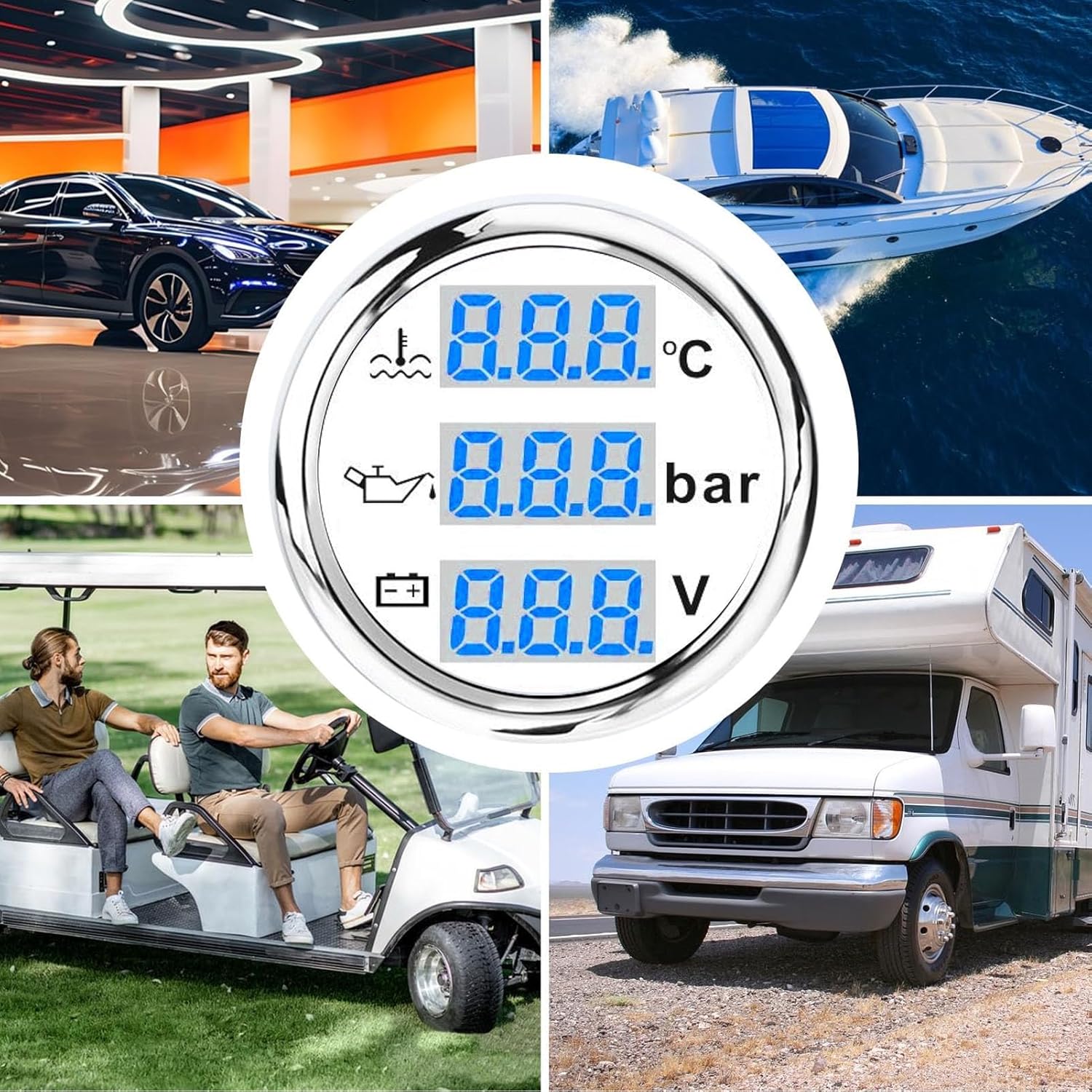 Jonlaki Boat Water Temp Oil Pressure Voltmeter, Digital Display 3 in 1 Gauge with High Low Alerts, IP67 5G Shockproof, for Car RV Truck Boat Yacht Motorcycle (White Dial Silver Cover)