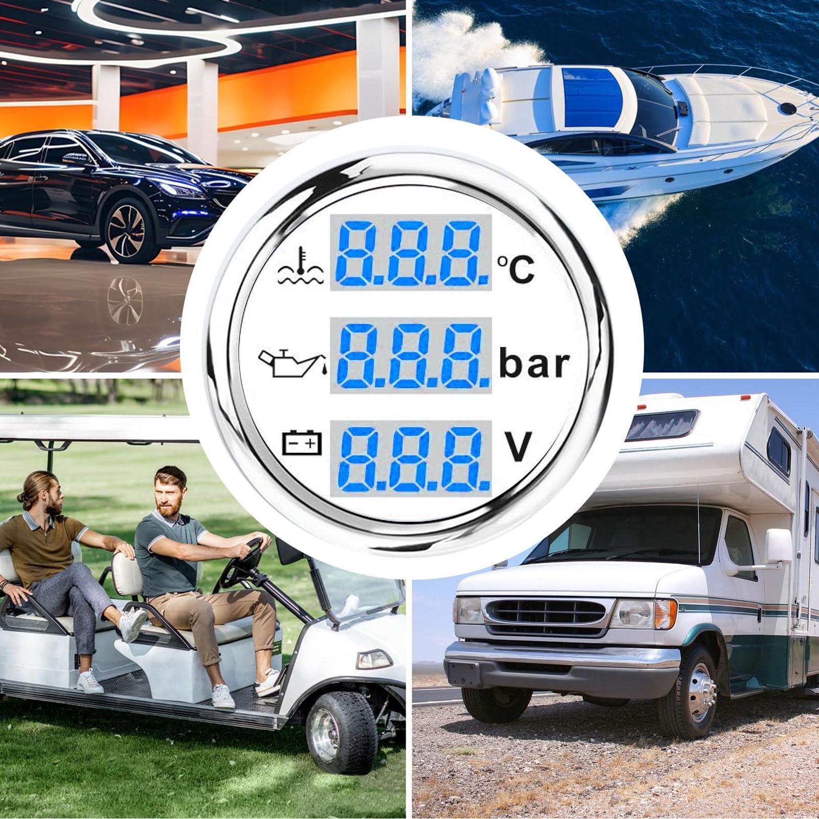 Voltímetro de Presión de Aceite y Temperatura del Agua para Barcos, Pantalla Digital, Juego de Medidor 3 en 1 para Barcos, Vehículos Recreativos y Motocicletas, 52mm, Resistente Al Agua